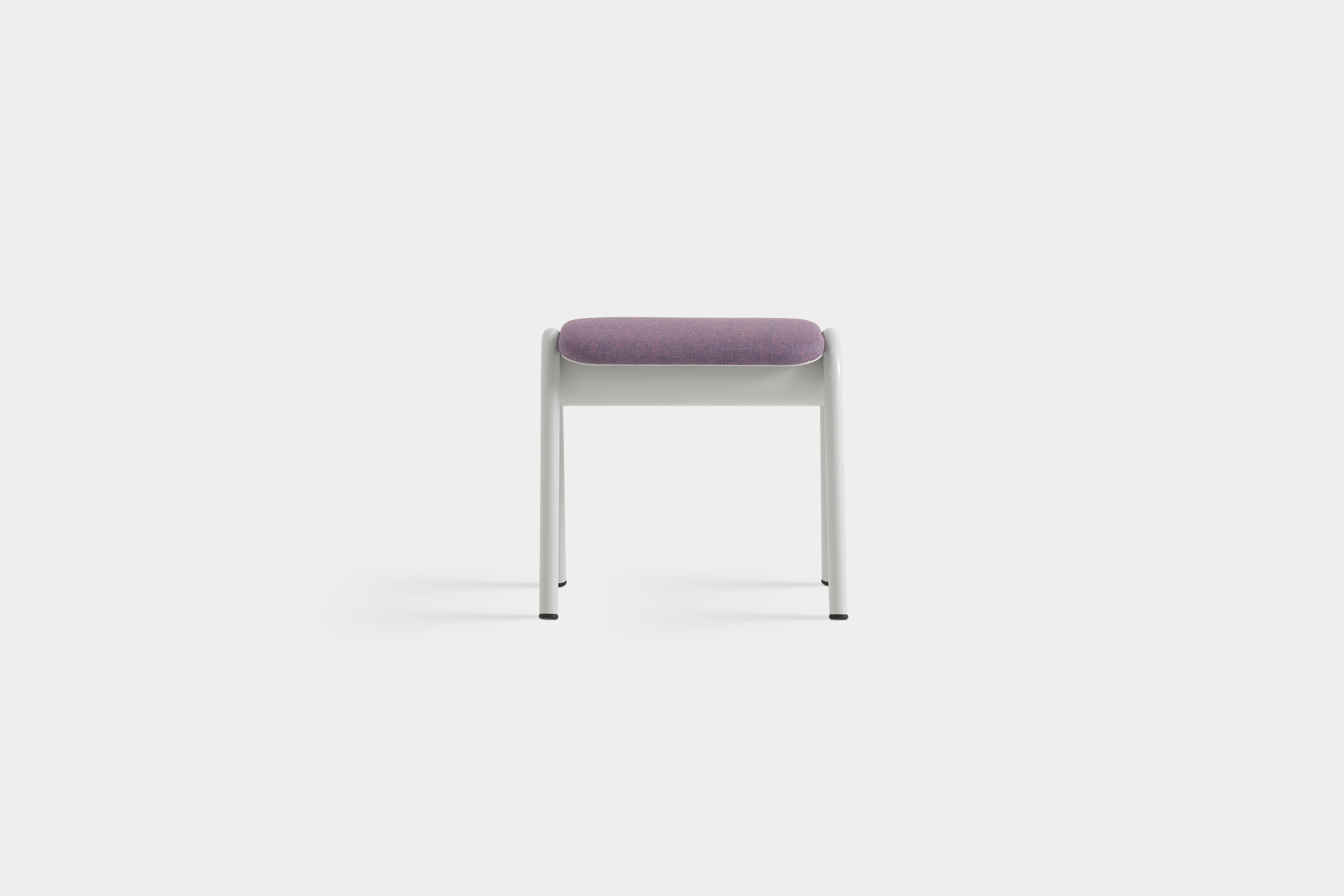 ZUM Stool by Pepe Albargues
Designed By Carlos Jiménez 
Dimensions: D 35 x W 49 x D 46 cm.
Materials: Aluminum, foam, plywood and upholstery.

Curved plywood seat. Aluminum structure lacquered any RAL color. Foam CMHR (high resilience and flame