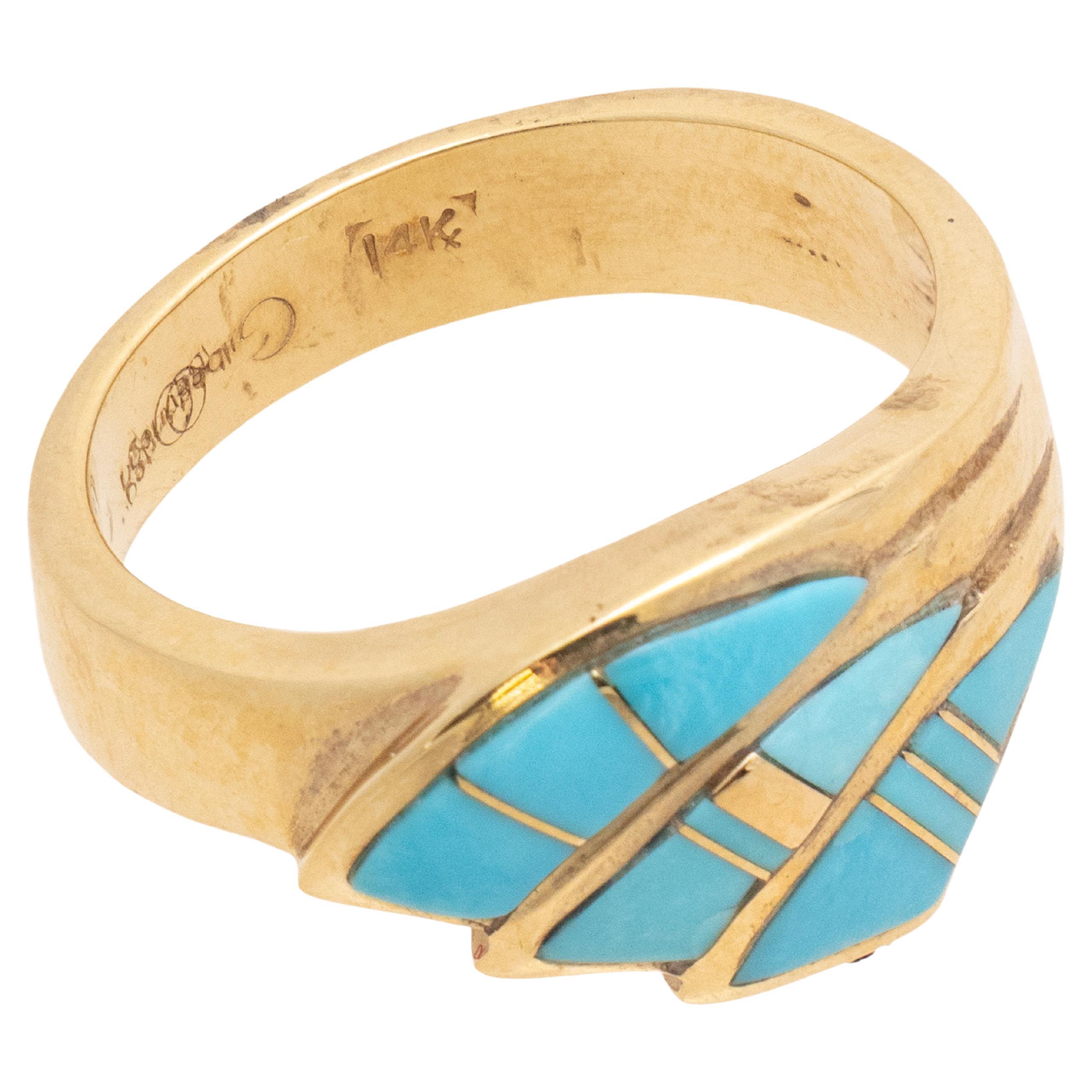 Zuni 14k Gold and Turquoise Ring For Sale