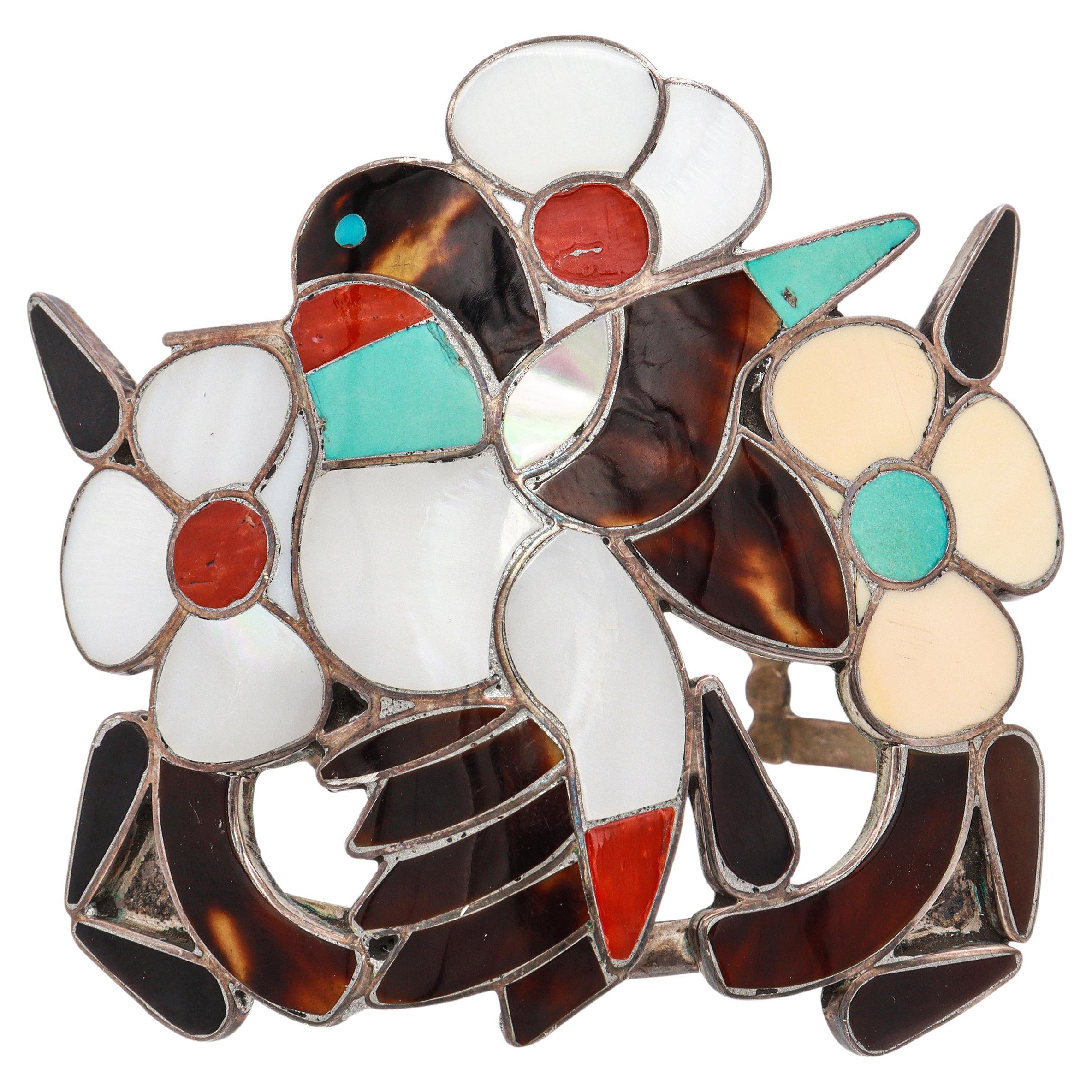 Zuni Bobby 
Corraine Shack Sterling Silver Multi-Stone Hummingbird Inlay Cuff
