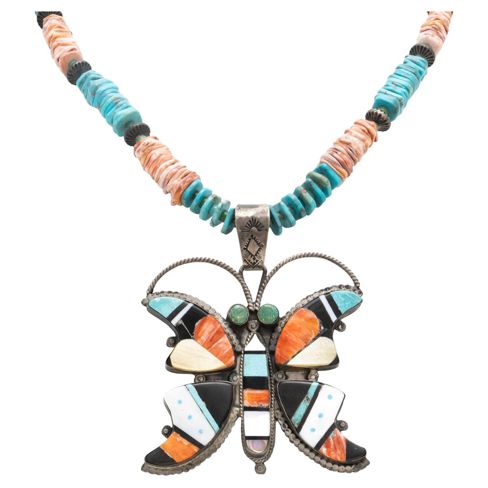 Zuni Butterfly Heishi Beaded Pendant Necklace