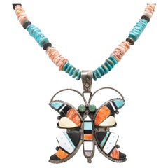 Vintage Zuni Butterfly Heishi Beaded Pendant Necklace