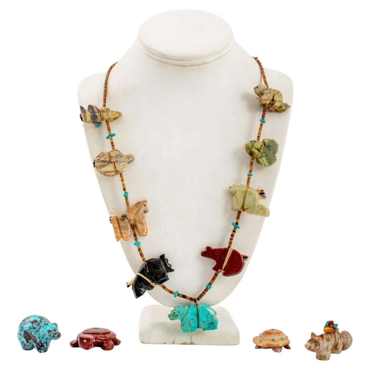 Zuni Carved Stone Heishi Necklace & Fetishes