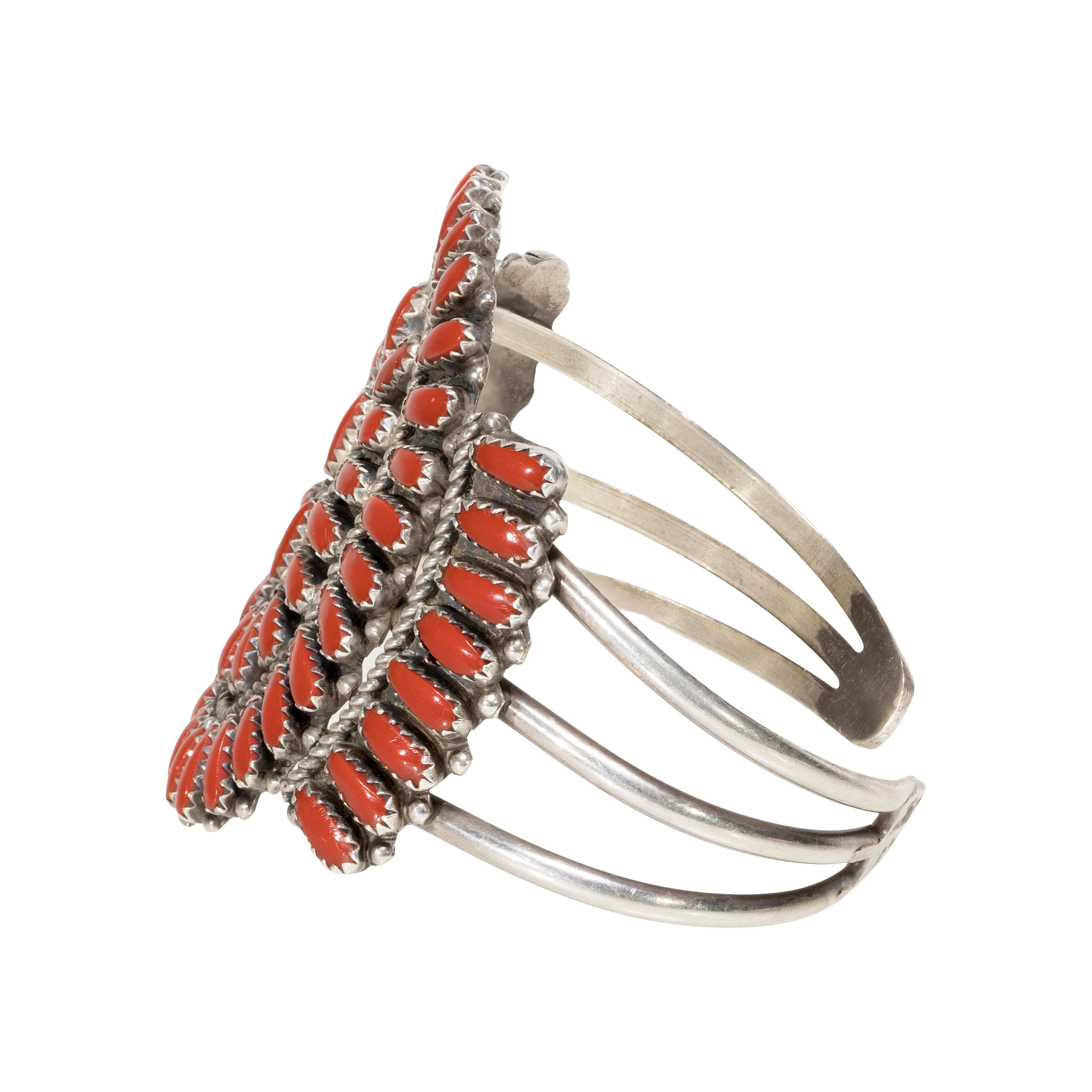 Native American Zuni Coral and Sterling Bracelet For Sale
