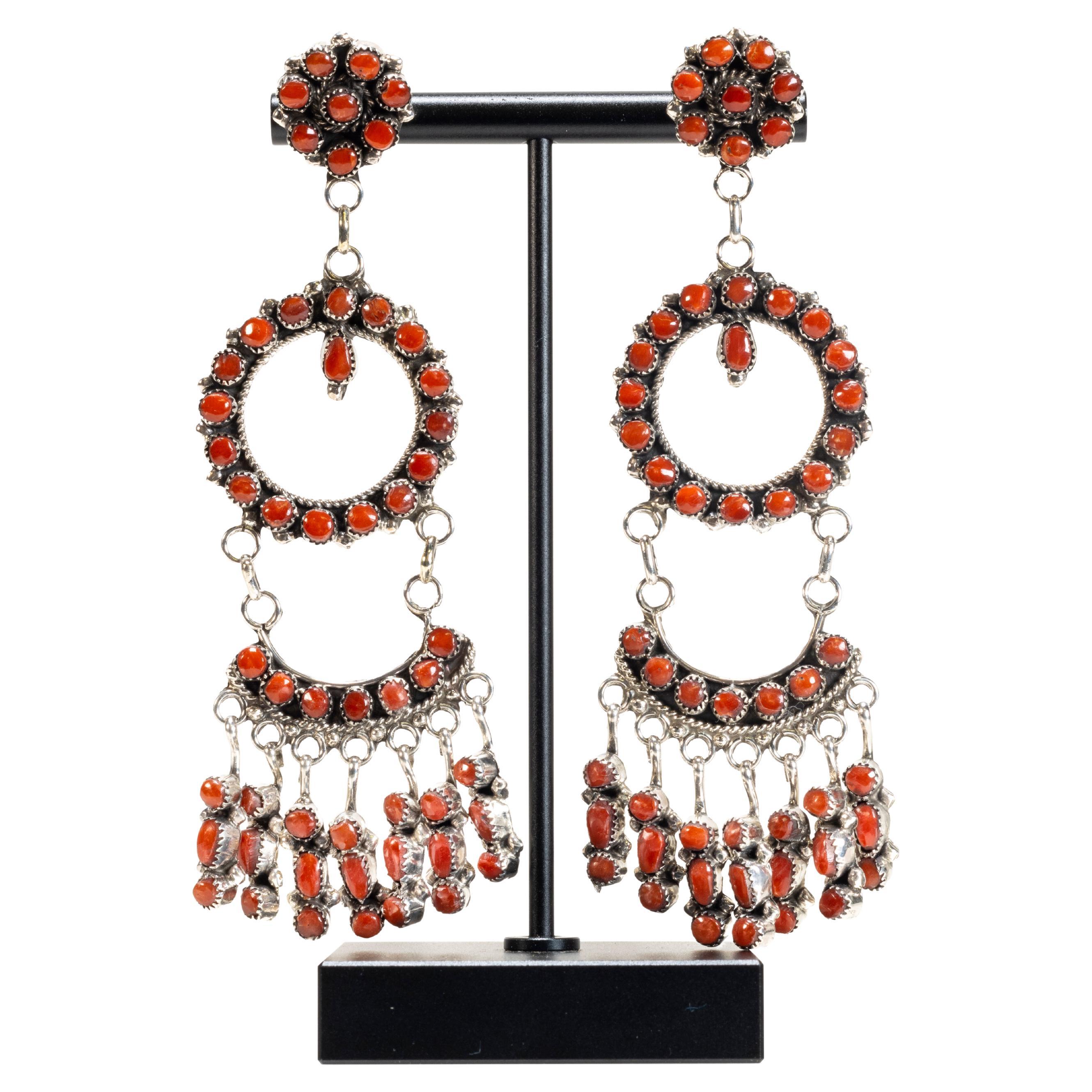 Zuni Coral and Sterling Earrings For Sale