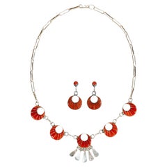 Zuni Coral and Sterling Silver Necklace and Earring Set