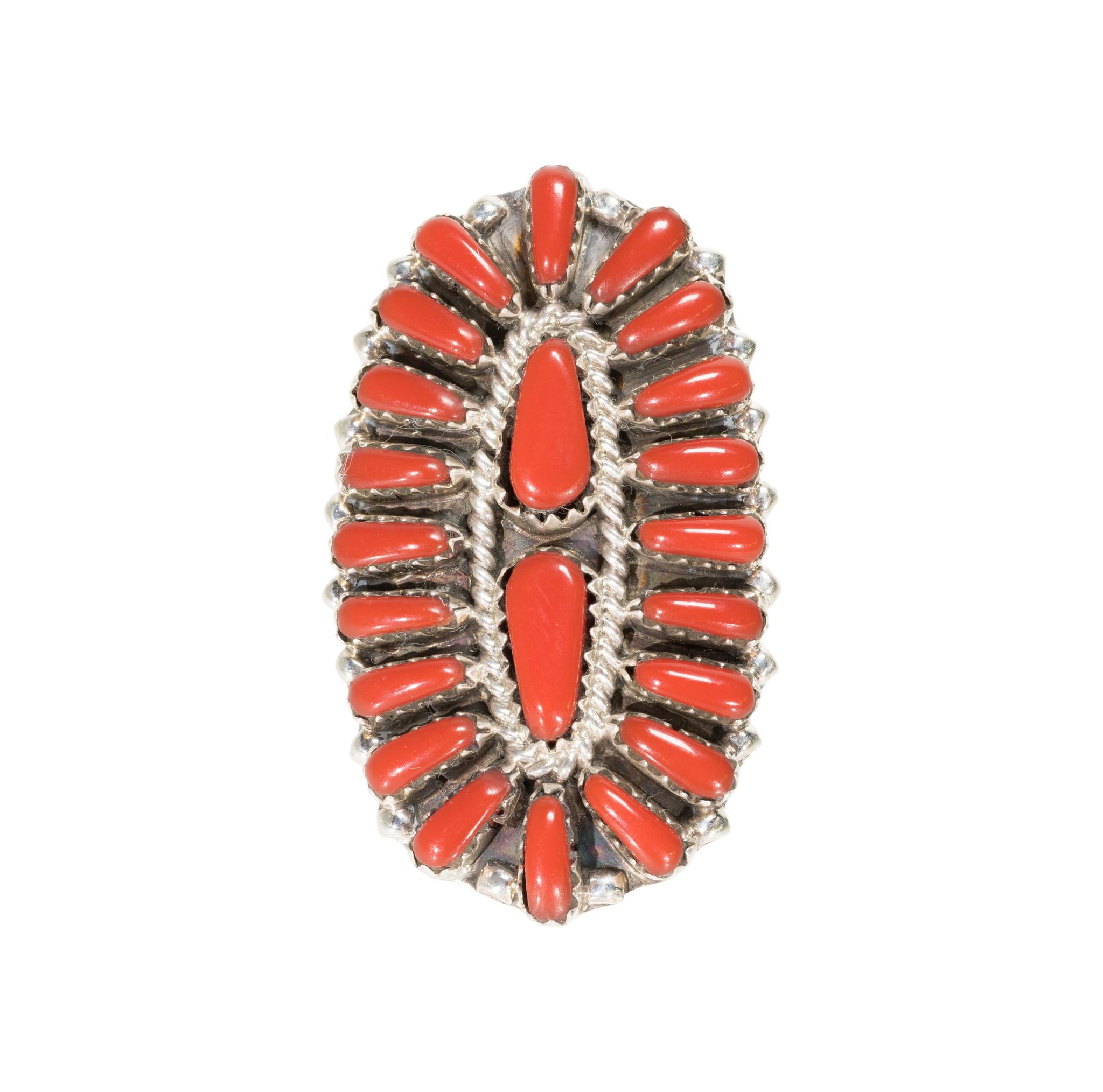 Zuni Koralle Petit Point Ring (Alteuropäischer Brillantschliff) im Angebot