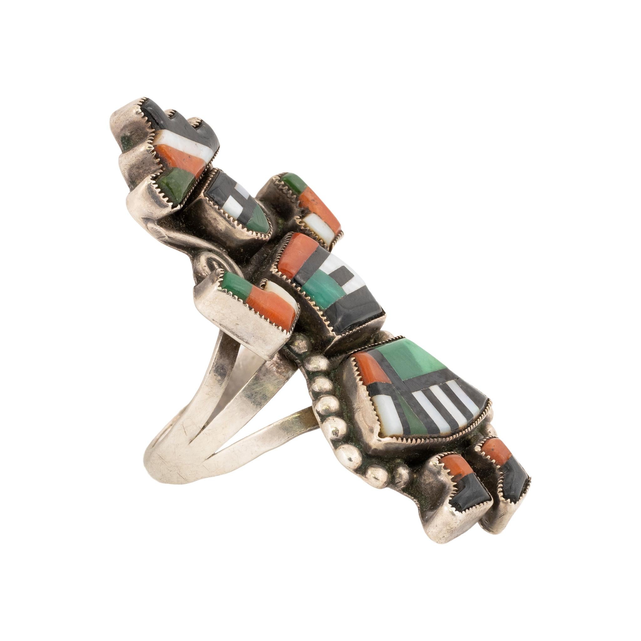 Zuni dancer ring with inlaid green turquoise, coral, onyx and mother of pearl with silver bead trim. Set in thin sterling silver band. Expertly crafted ring, great for casual or formal Southwestern attire. Size: 1 3/4