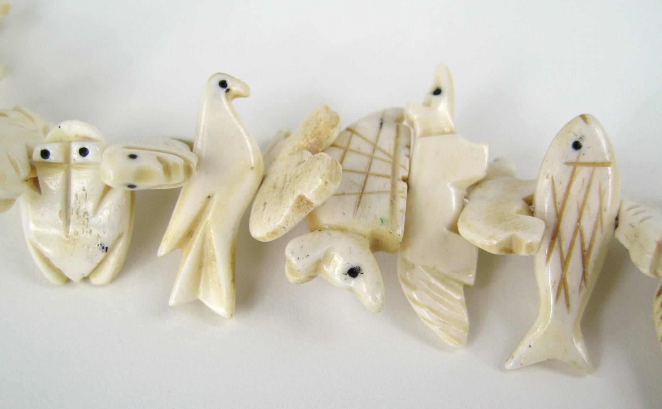 Women's or Men's  Zuni Fetish 44 Multi animal Bone Leaf Necklace Hand Carved  For Sale