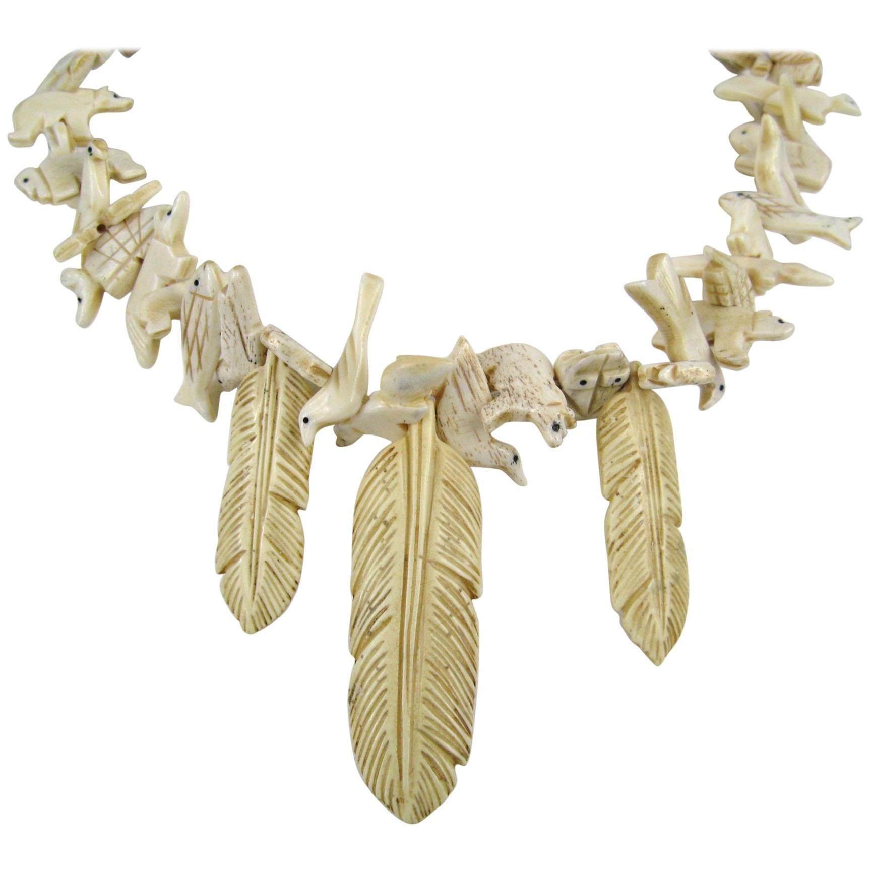  Zuni Fetish 44 Multi animal Bone Leaf Necklace Hand Carved  For Sale