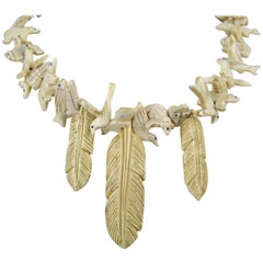 Retro  Zuni Fetish 44 Multi animal Bone Leaf Necklace Hand Carved 