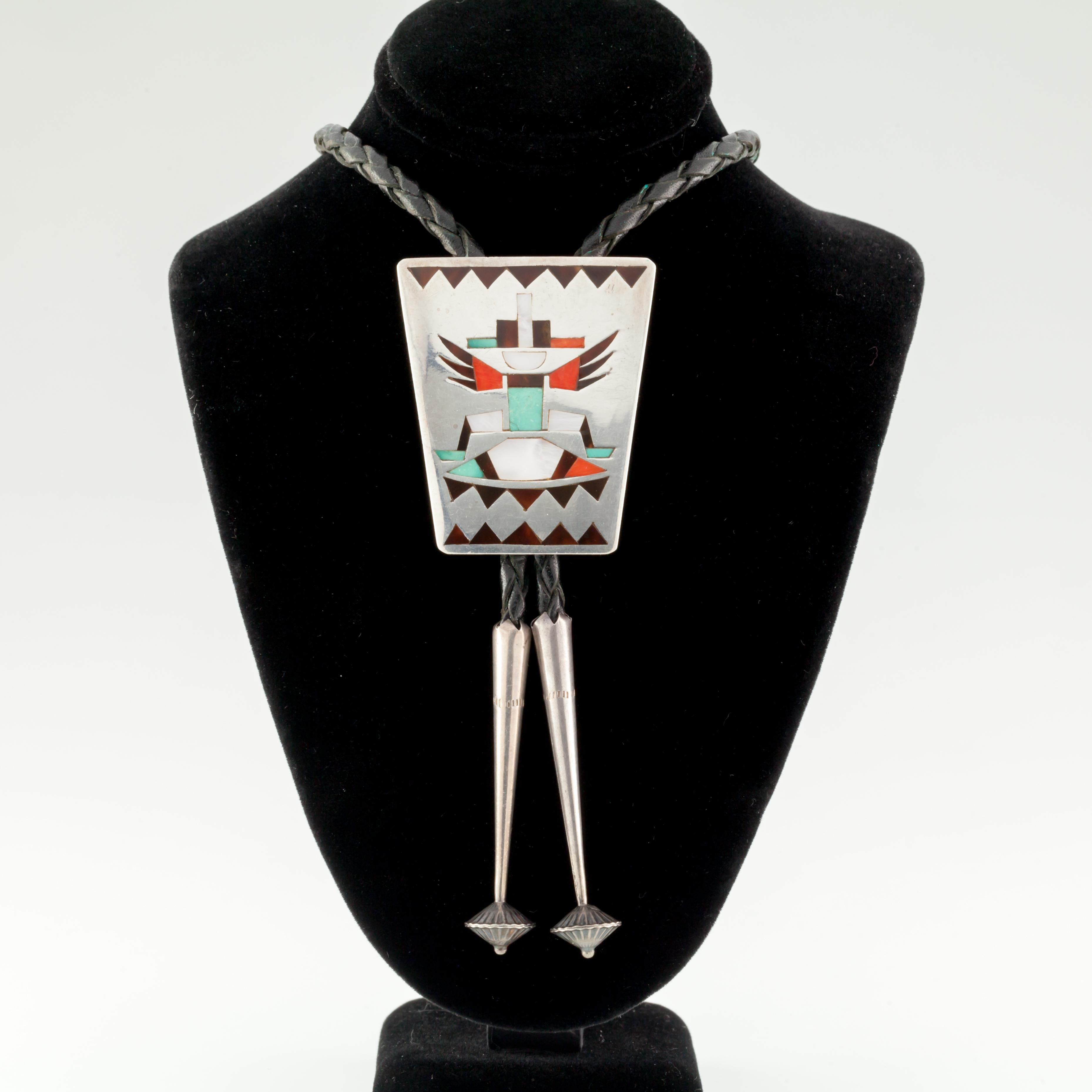 Beautiful Eagle Dancer Inlay Bolo with Black Leather tie accented in Sterling 
Reverse Hallmark 