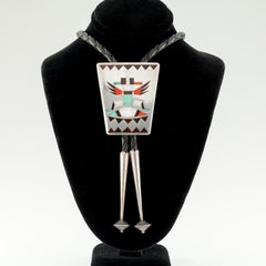 Zuni Handcrafted Sterling Silver Eagle Dancer Black Leather Bolo Tie by LN