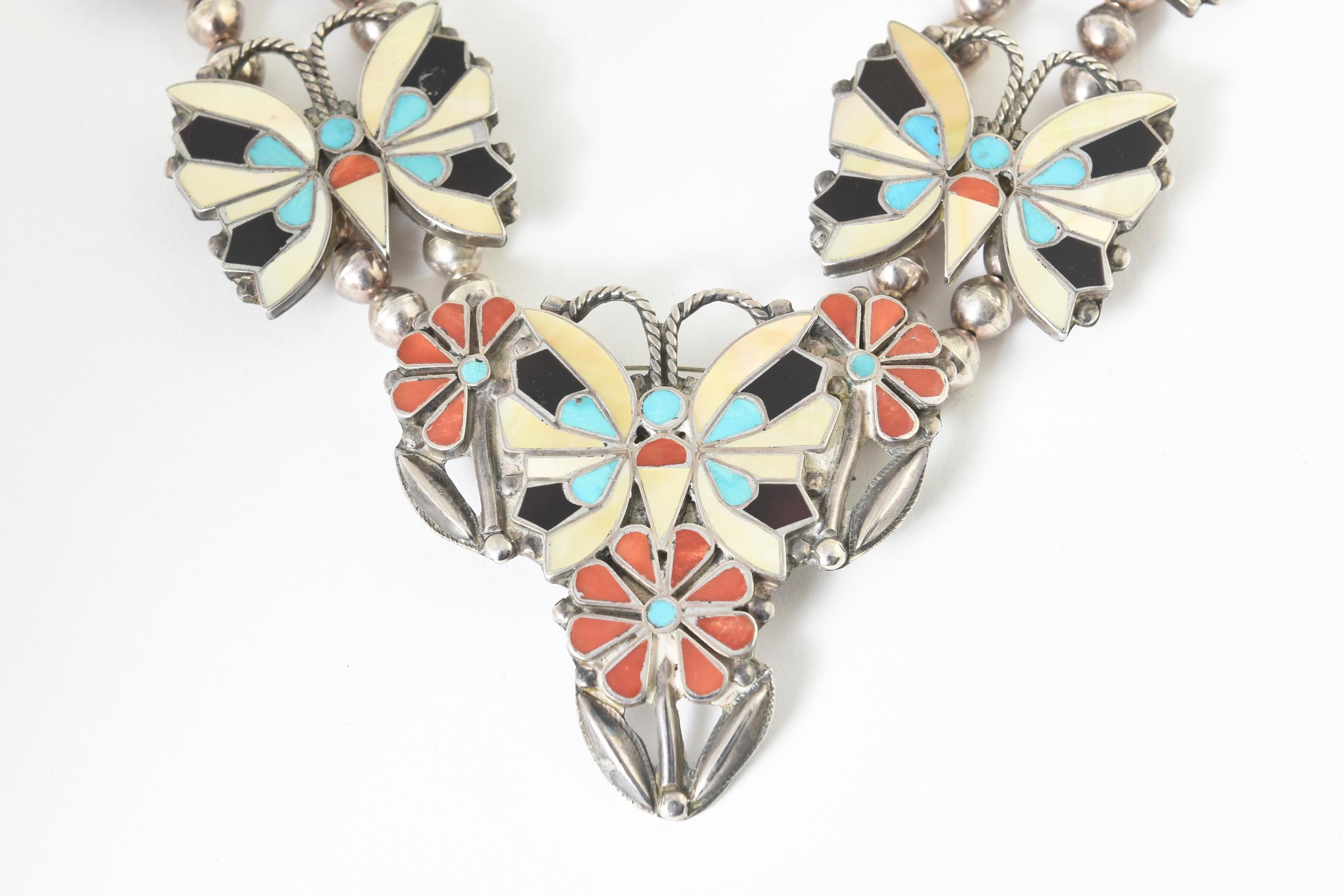 Zuni Inlaid Butterfly Squash Blossom Necklace and Bracelet by Rosita Wallace 1