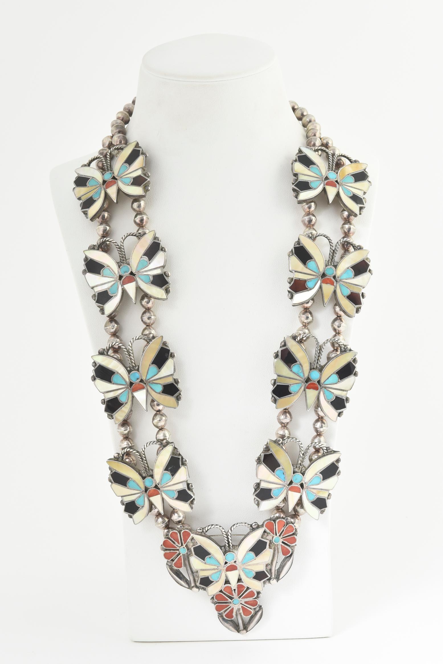 Native American Zuni Inlaid Butterfly Squash Blossom Necklace and Bracelet by Rosita Wallace