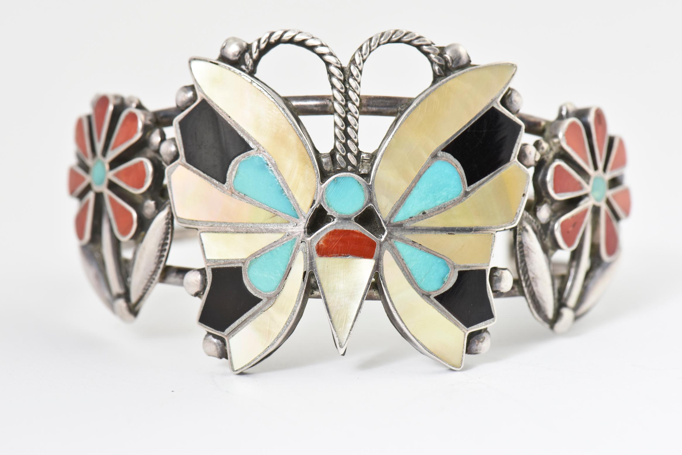 Women's or Men's Zuni Inlaid Butterfly Squash Blossom Necklace and Bracelet by Rosita Wallace