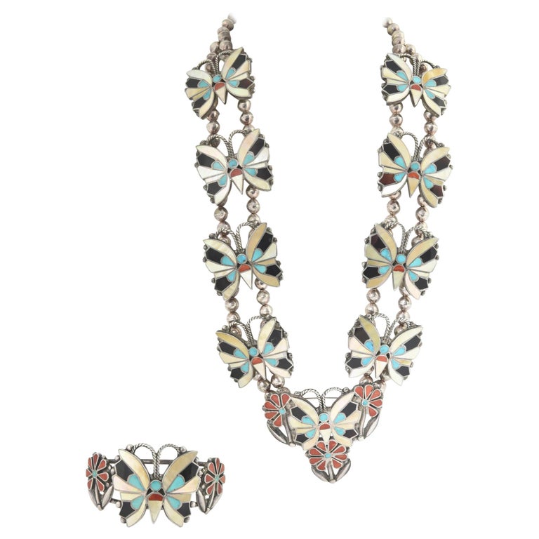 Zuni Inlaid Butterfly Squash Blossom Necklace and Bracelet by Rosita