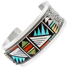 Retro Zuni Inlaid Multi-Stone Sterling Cuff Bracelet