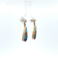 Zuni Inlay 14 Karat Yellow Gold Earrings Turquoise, Coral, Opal, Sugilite, Onyx