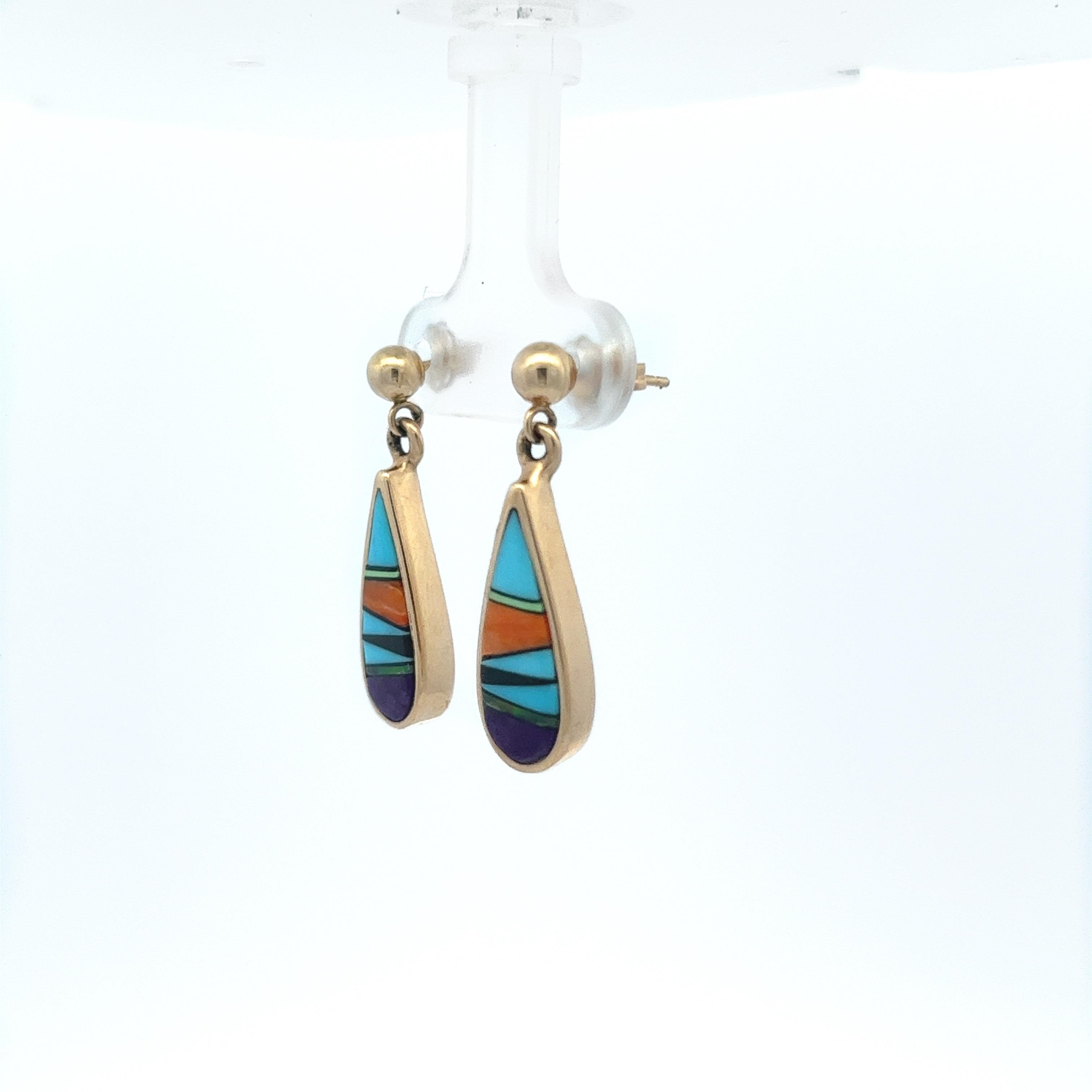 Native American Zuni Inlay 14 Karat Yellow Gold Earrings Turquoise, Coral, Opal, Sugilite, Onyx