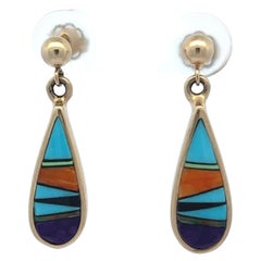 Zuni Inlay 14 Karat Yellow Gold Earrings Turquoise, Coral, Opal, Sugilite, Onyx