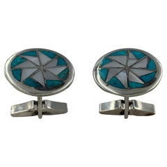 Zuni Inlay Turquoise & Mother of Pearl Cufflinks by Dena Chavez
