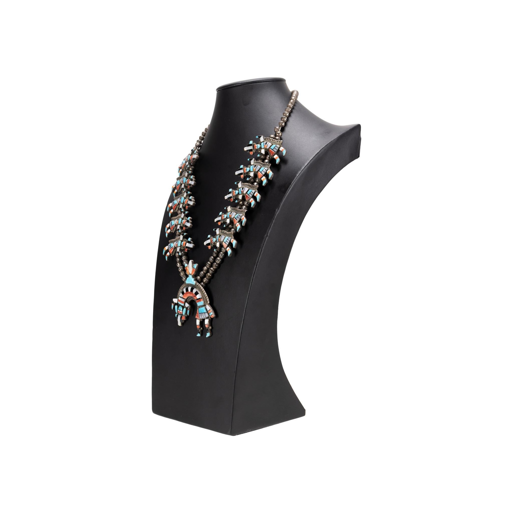 Native American Zuni Inlay Yei Dancer Multi-Stone and Sterling Silver Necklace For Sale