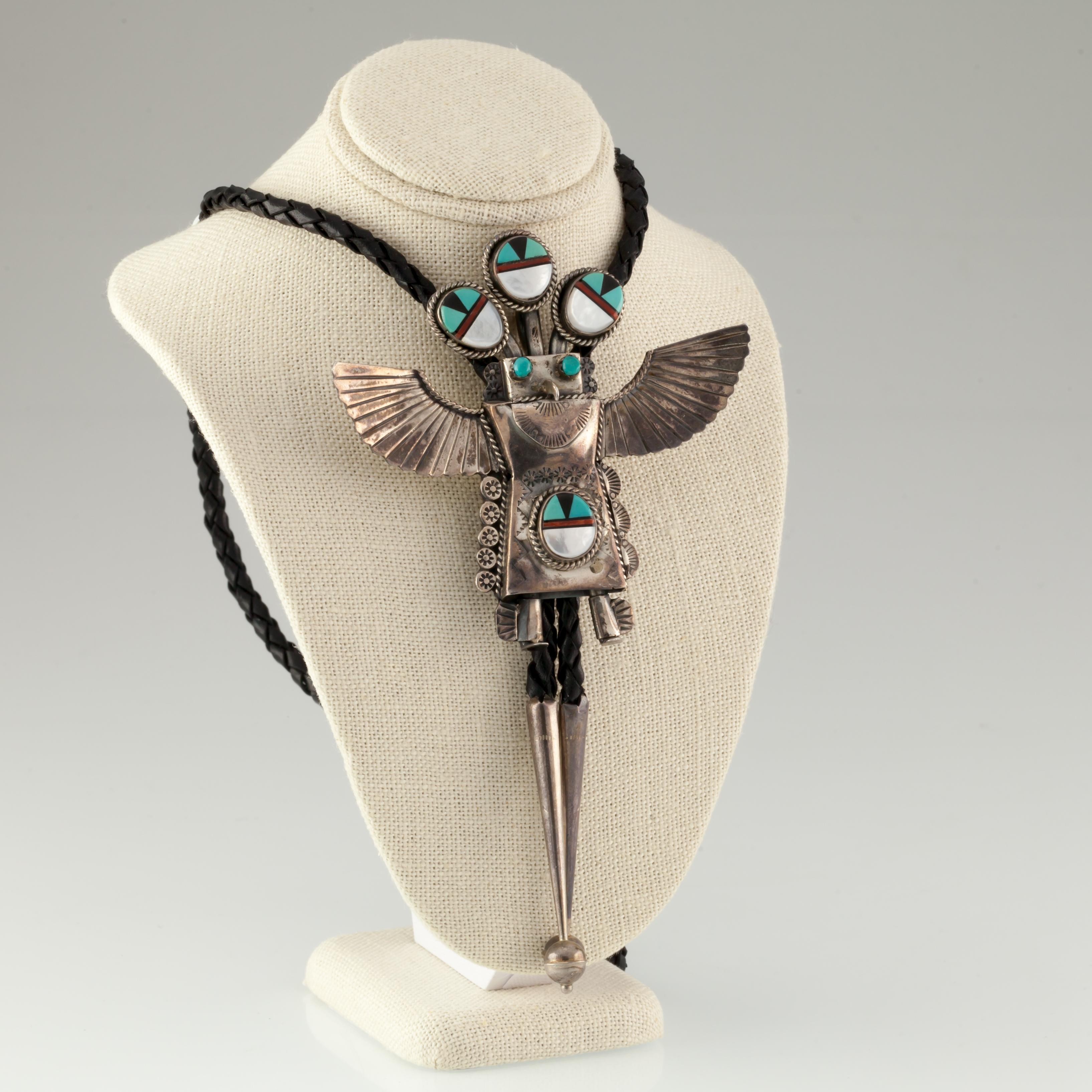 Native American Zuni Kachina Sterling Silver & Turquoise Inlay Handcrafted Leather Bolo Tie For Sale