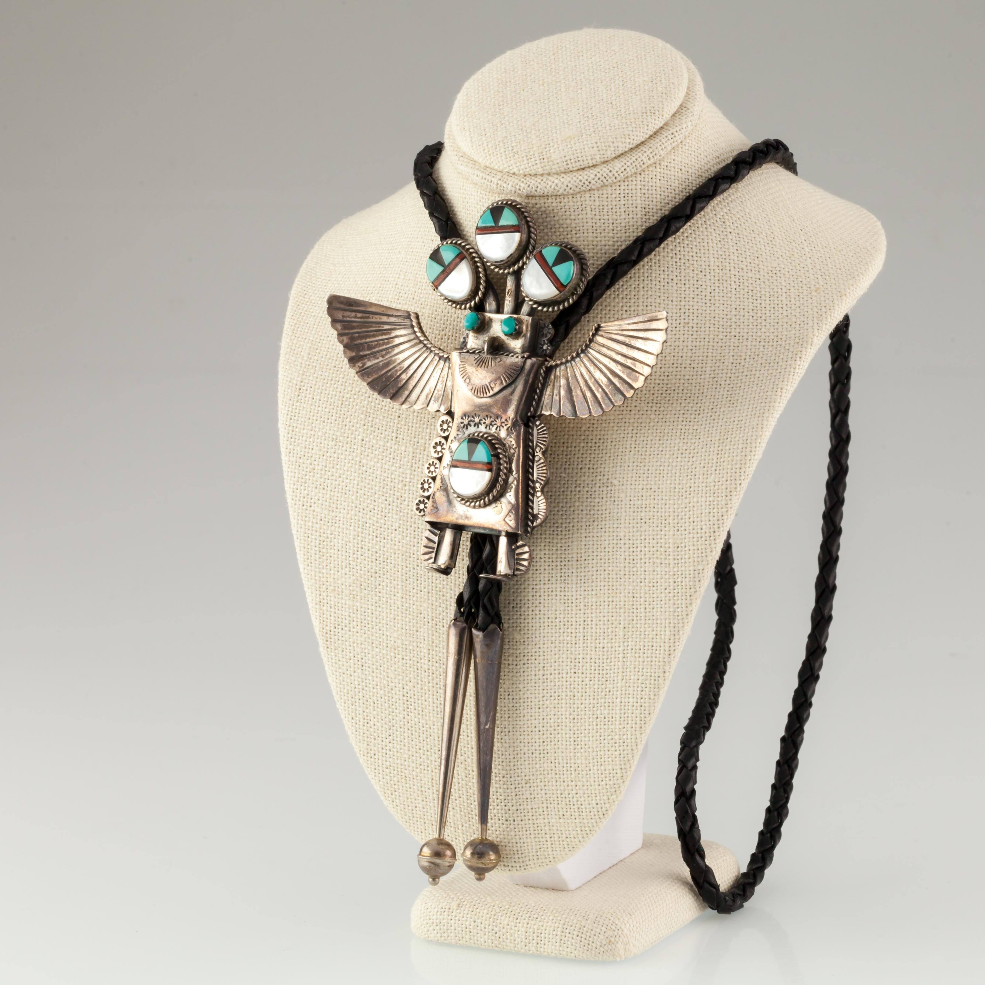 Native American Zuni Kachina Sterling Silver & Turquoise Inlay Handcrafted Leather Bolo Tie For Sale