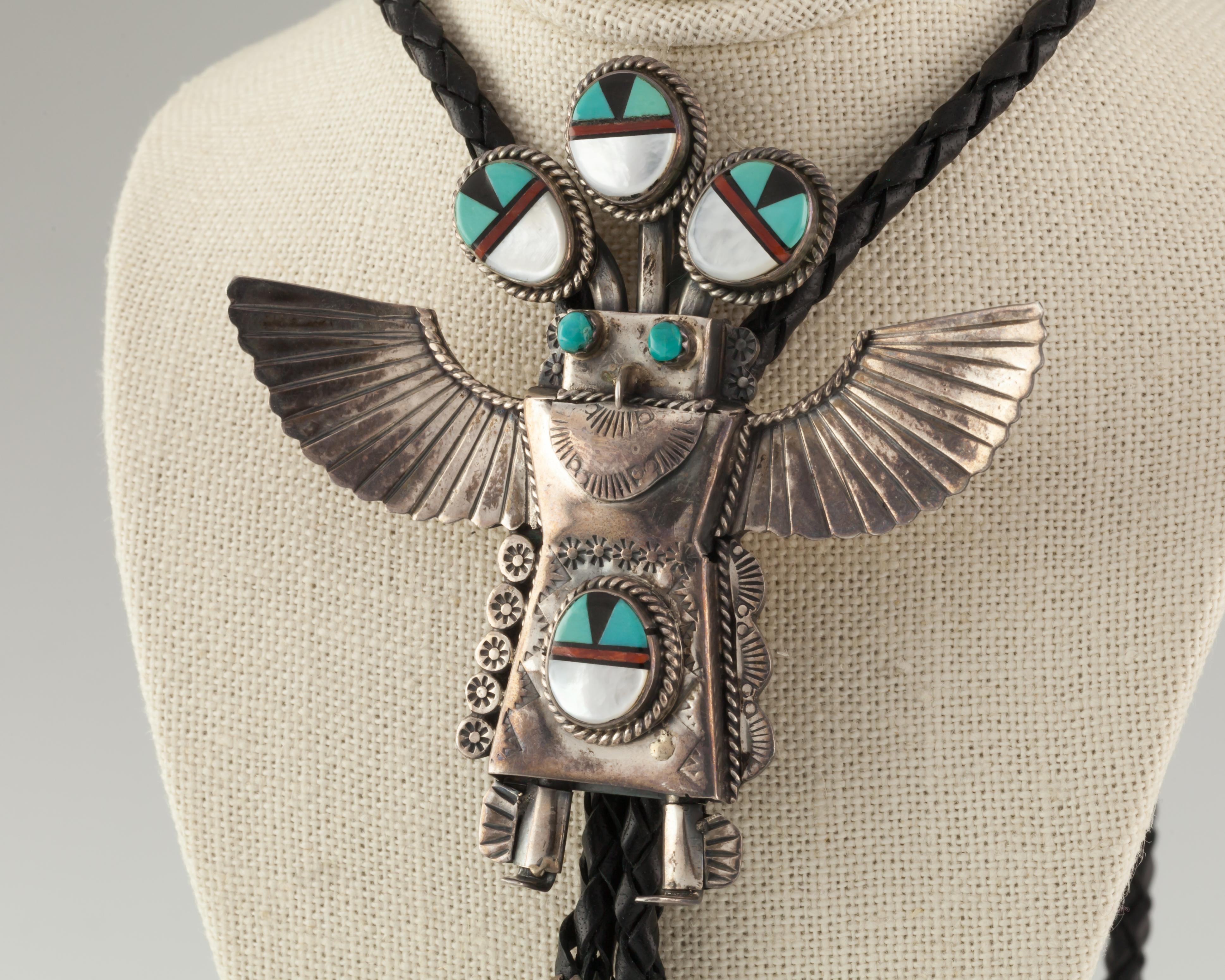 Zuni Kachina Sterling Silver & Turquoise Inlay Handcrafted Leather Bolo Tie In Good Condition For Sale In Sherman Oaks, CA
