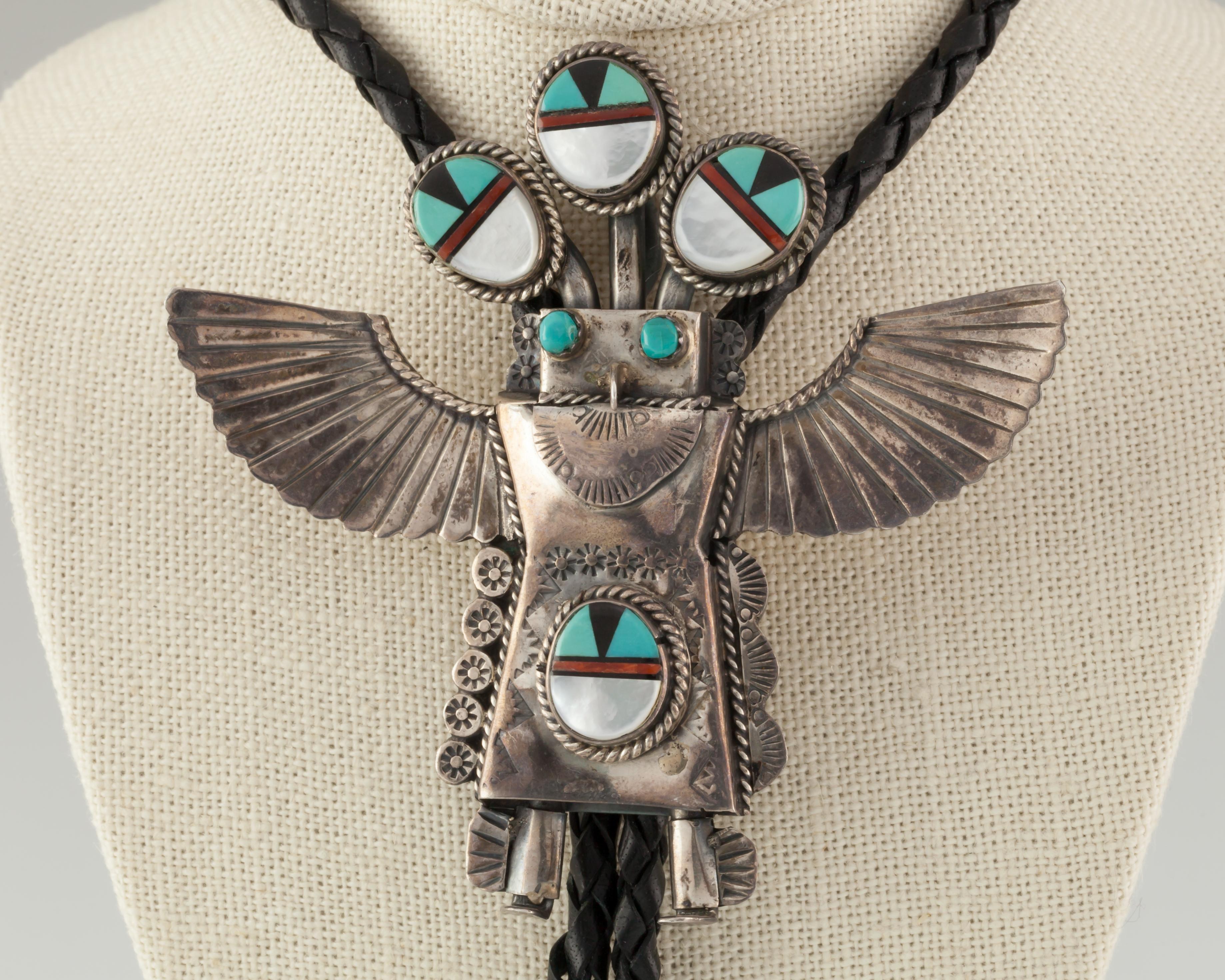 Zuni Kachina Sterling Silver & Turquoise Inlay Handcrafted Leather Bolo Tie In Good Condition For Sale In Sherman Oaks, CA