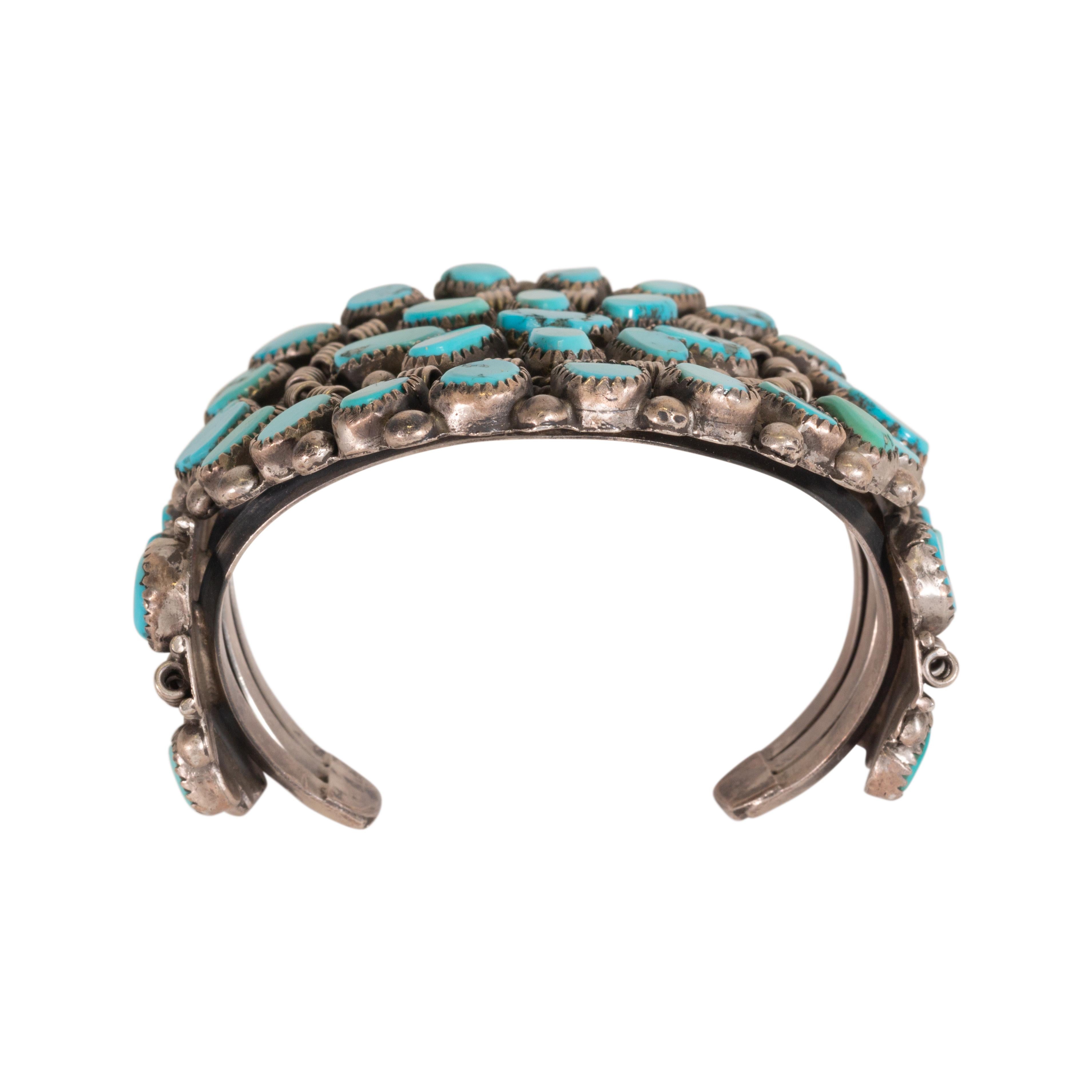Native American Zuni Kingman Turquoise Cluster Cuff Bracelet For Sale