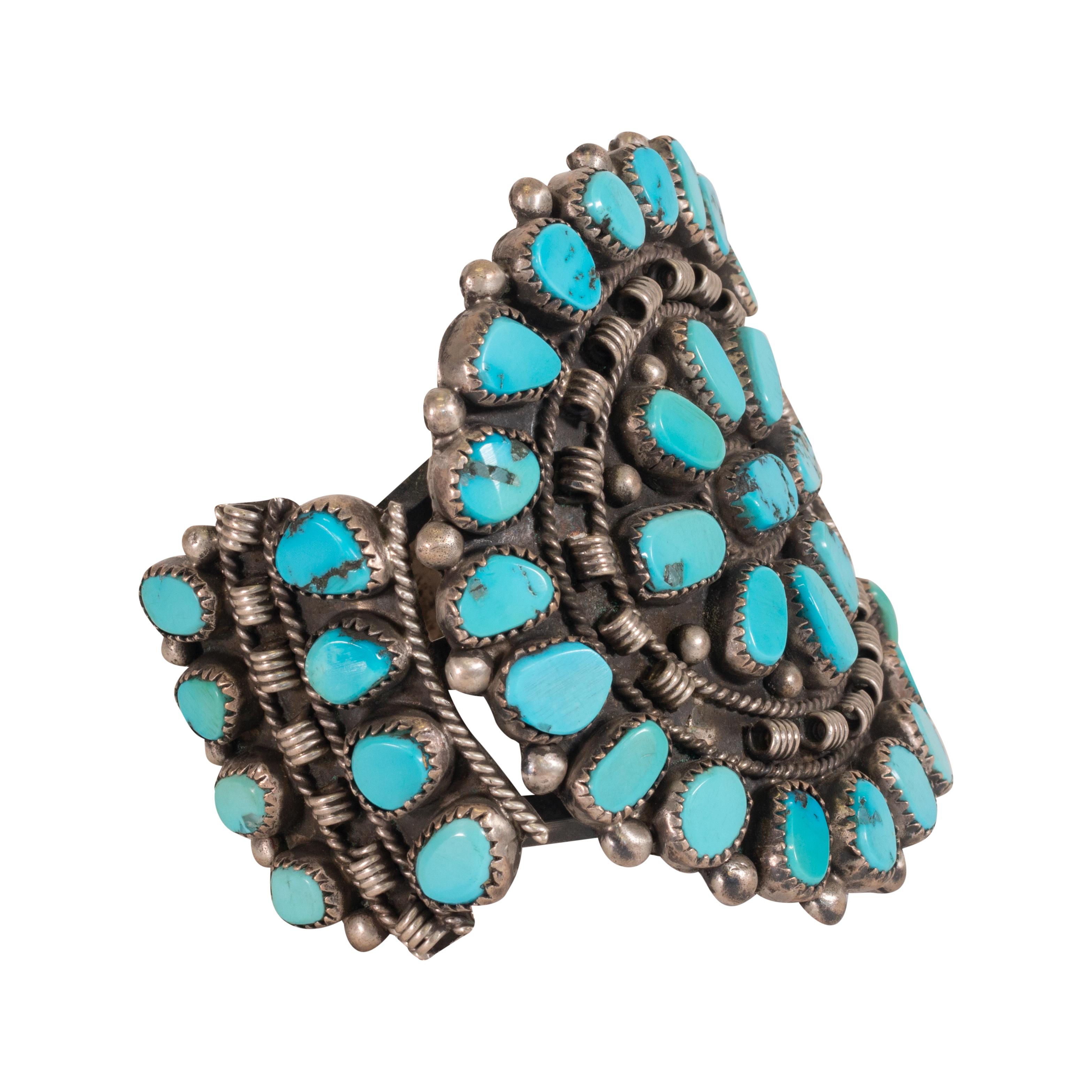 Mixed Cut Zuni Kingman Turquoise Cluster Cuff Bracelet For Sale