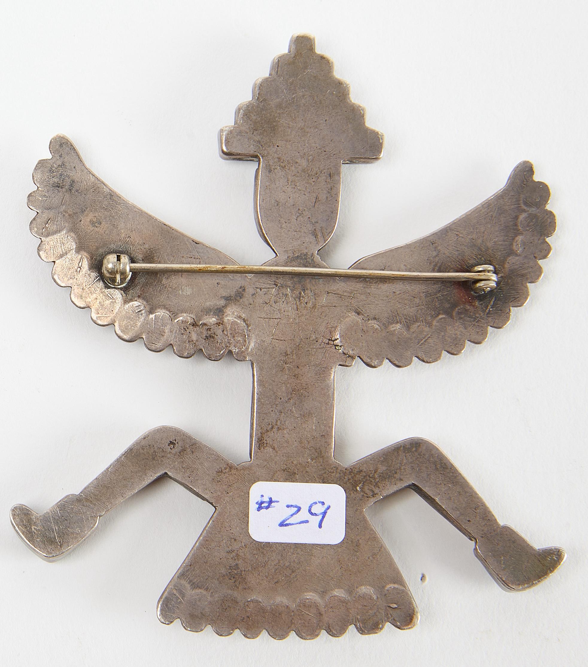 Fine Zuni Native American Knife Wing God pin. Silver with stone inlay work.
H 3-1/4