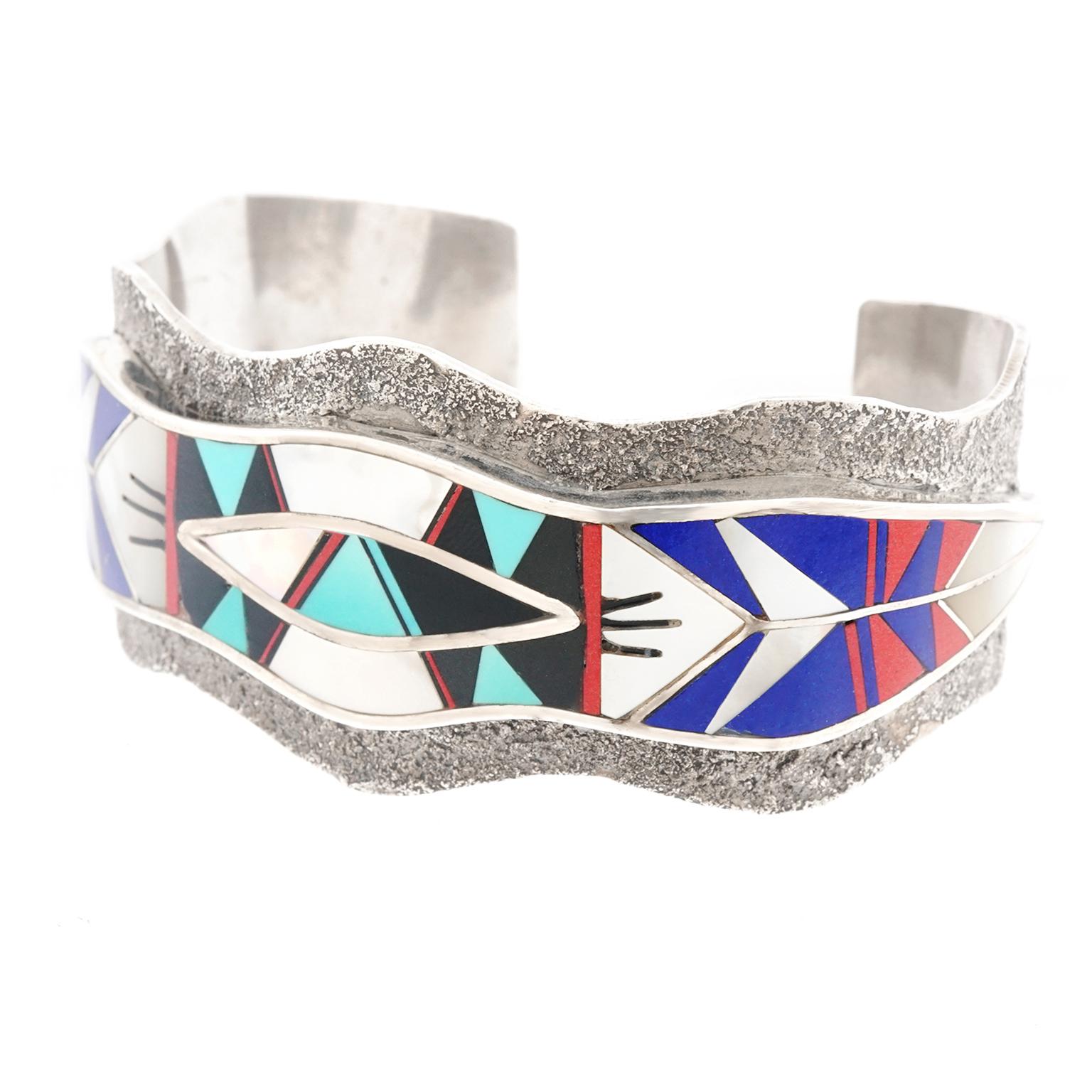 Native American Zuni Modernist Inlaid Stone Cuff Bracelet