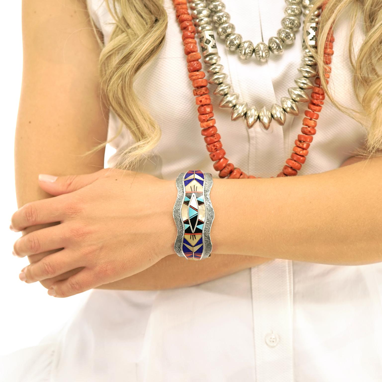 Cabochon Zuni Modernist Inlaid Stone Cuff Bracelet