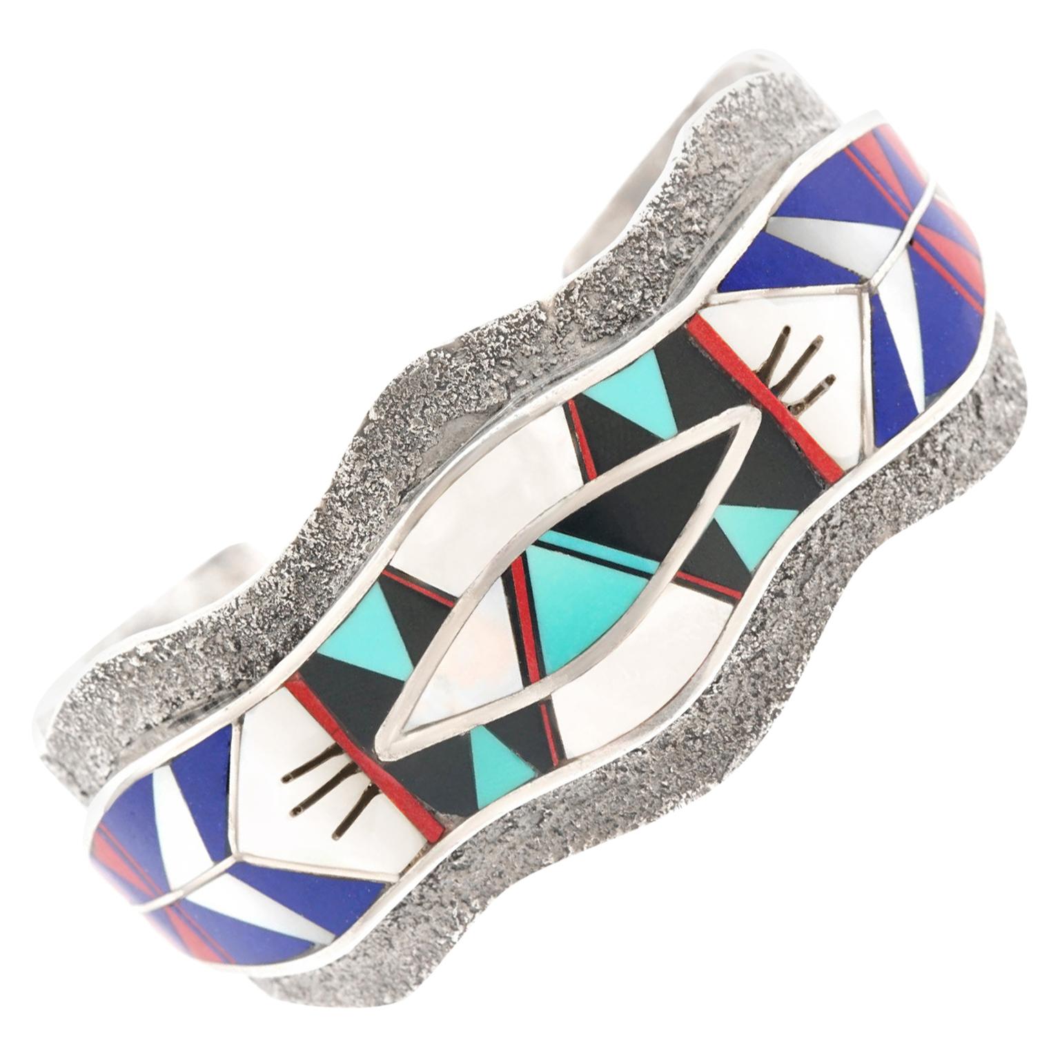 Zuni Modernist Inlaid Stone Cuff Bracelet