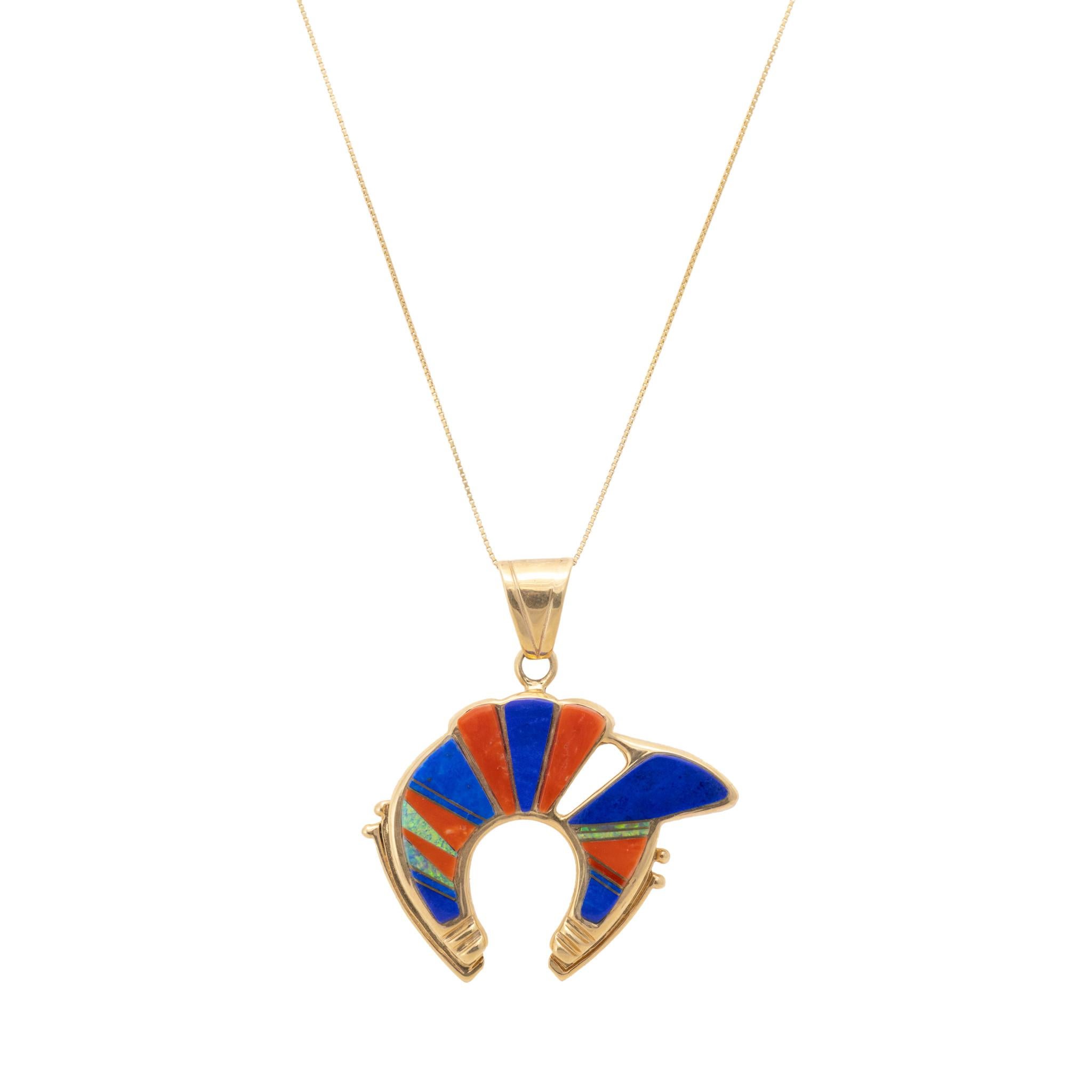 Zuni Multi-Stone Inlay and 14k Gold Pendant Necklace For Sale 1