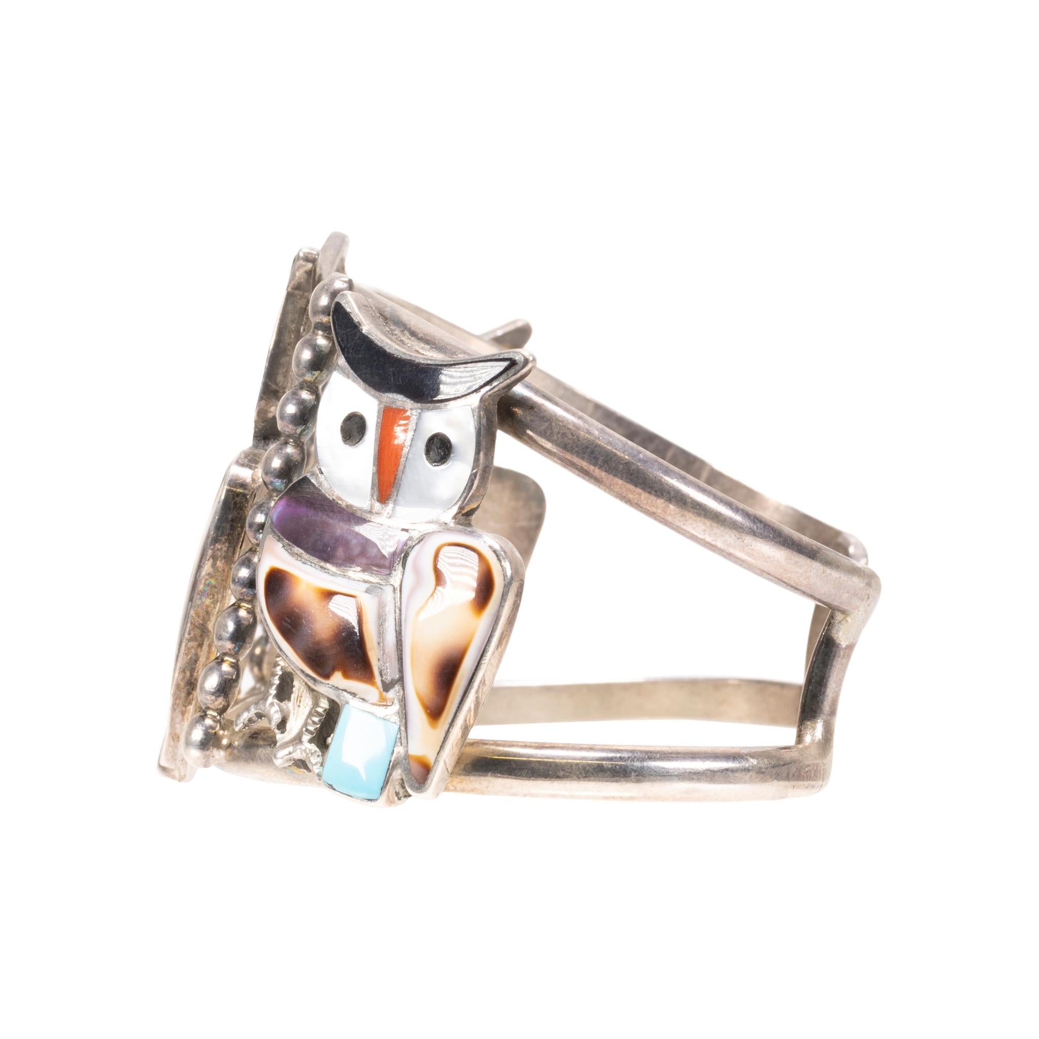 Mixed Cut Zuni Multi-Stone Owl Inlay Necklace, Bracelet, and Ring Set For Sale