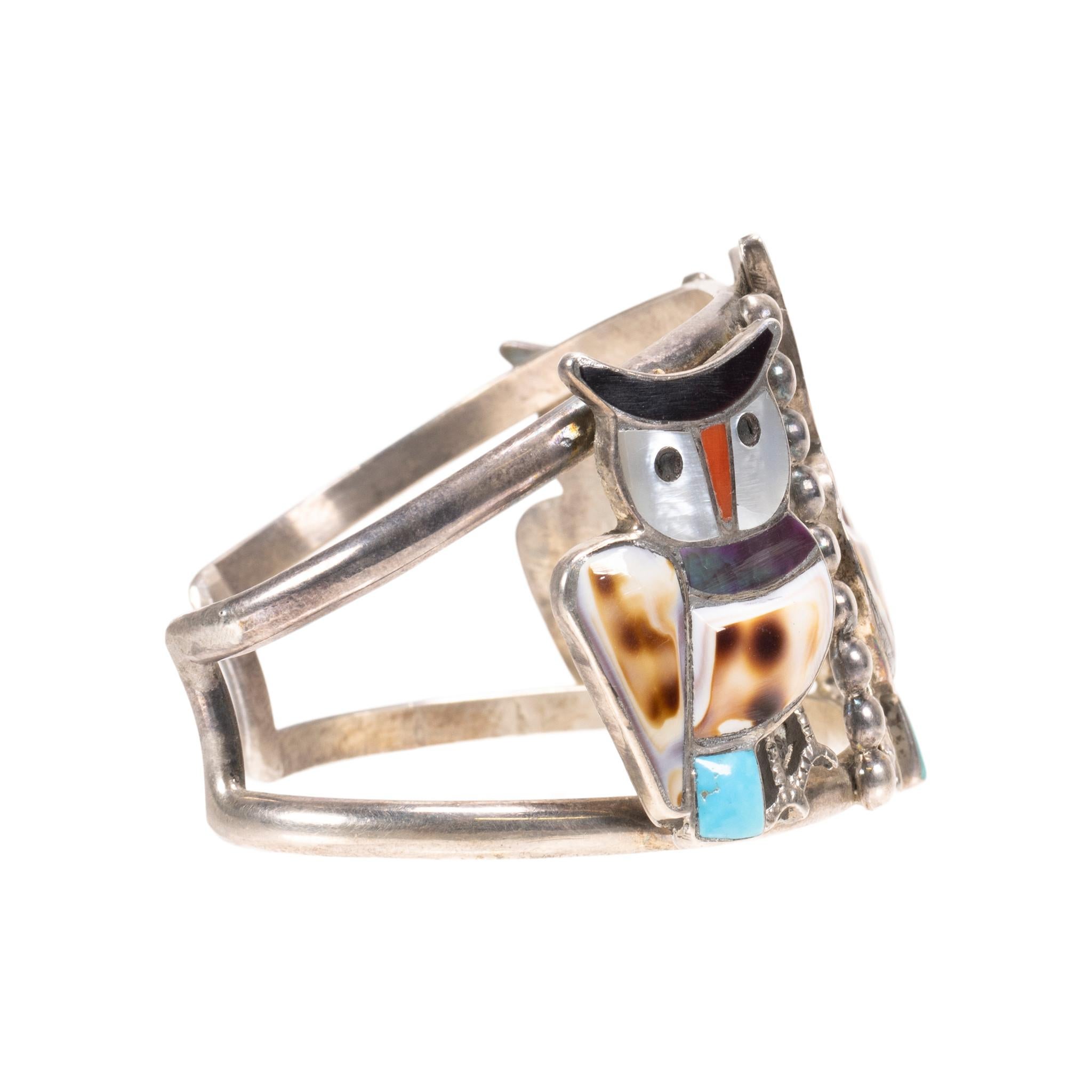 Zuni Multi-Stone Owl Inlay Necklace, Bracelet, and Ring Set In Good Condition For Sale In Coeur d Alene, ID