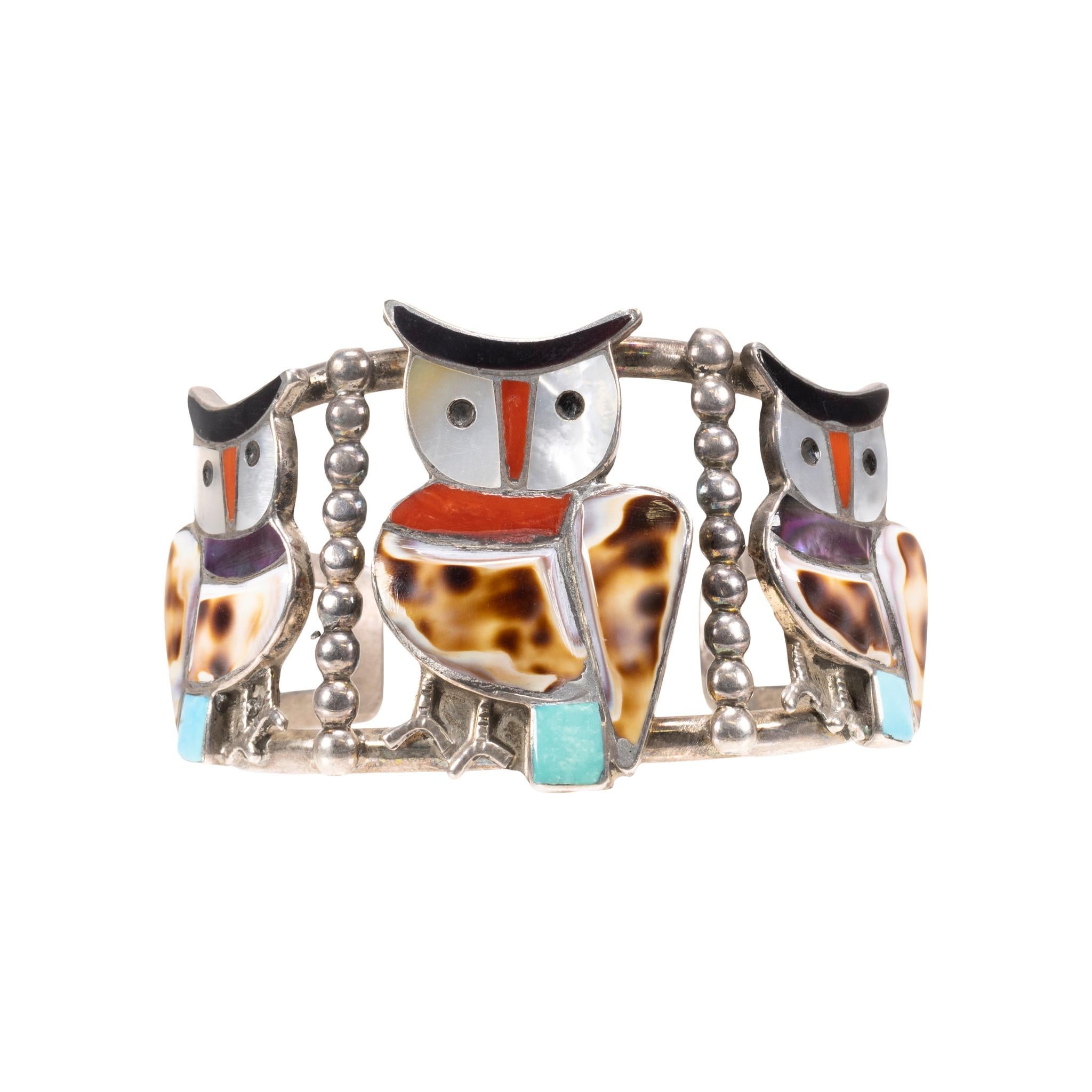 Women's or Men's Zuni Multi-Stone Owl Inlay Necklace, Bracelet, and Ring Set For Sale