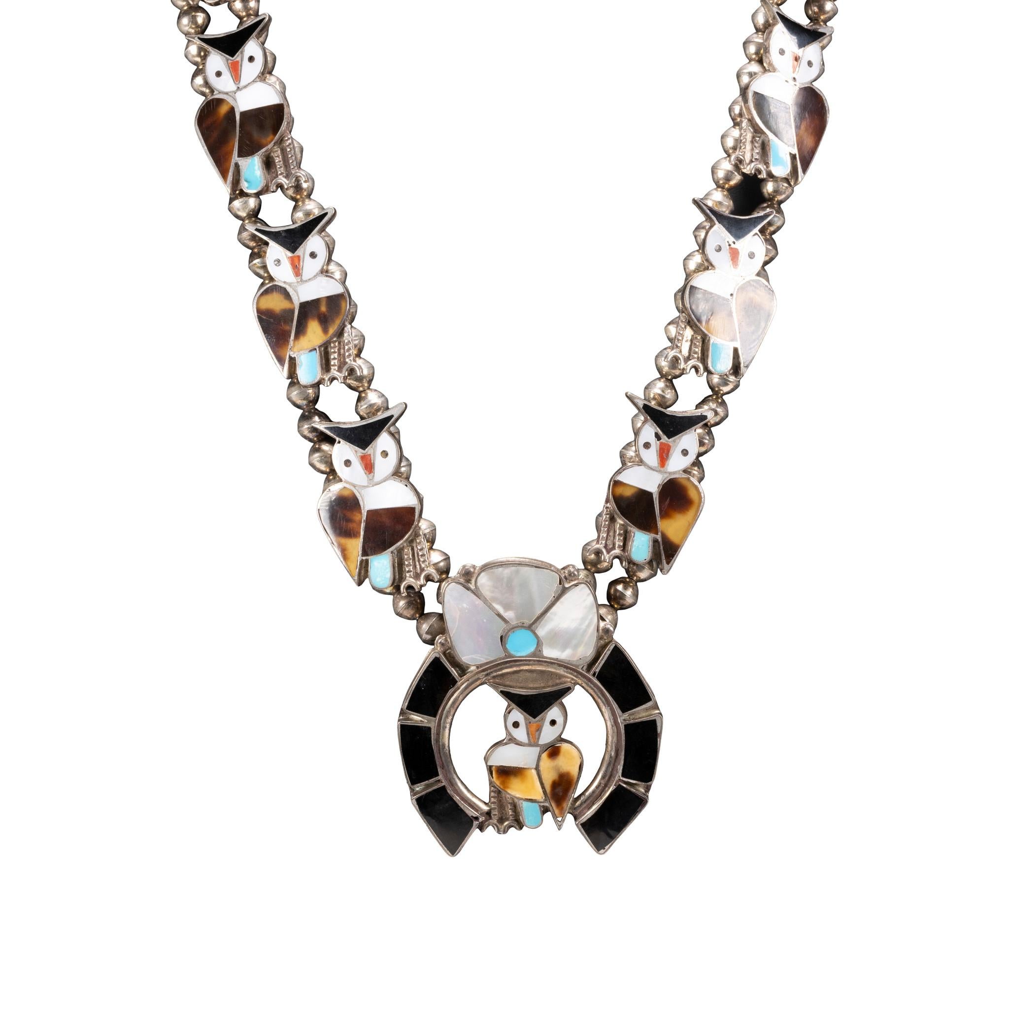 Zuni Multi-Stone Owl Inlay Necklace, Bracelet, and Ring Set For Sale 1