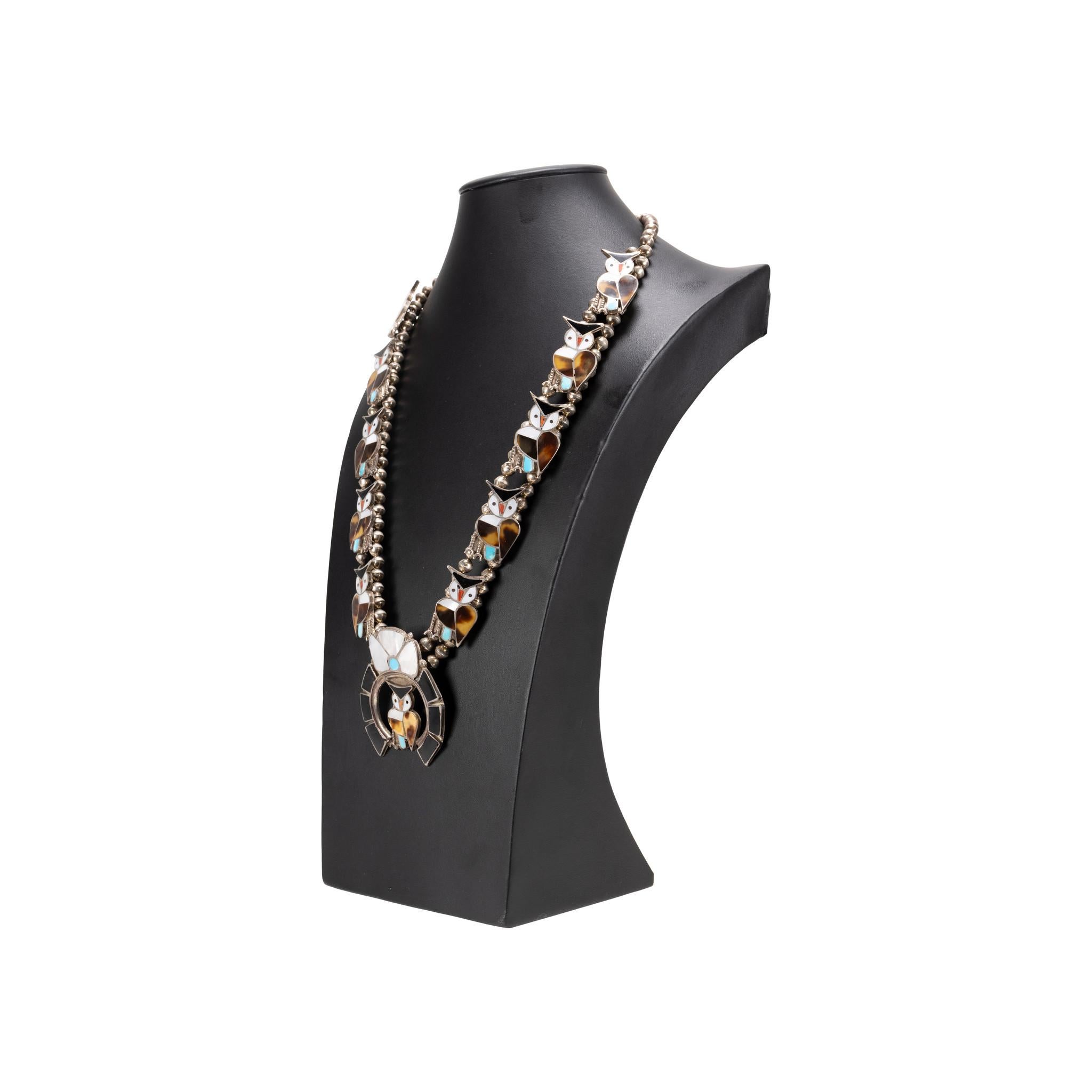 Zuni Multi-Stone Owl Inlay Necklace, Bracelet, and Ring Set For Sale 2