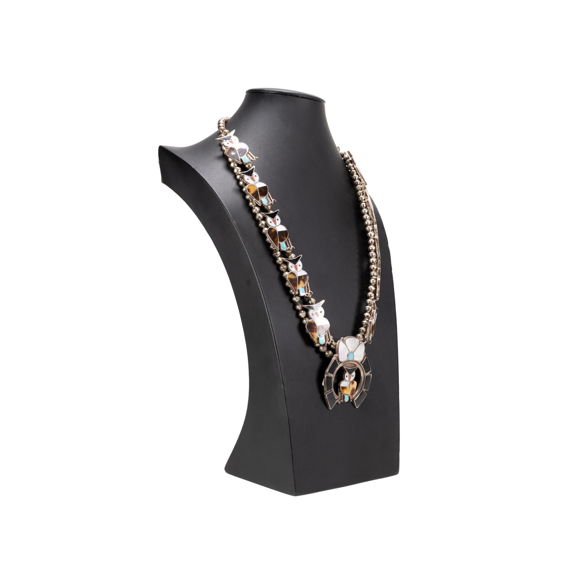 Zuni Multi-Stone Owl Inlay Necklace, Bracelet, and Ring Set For Sale 3