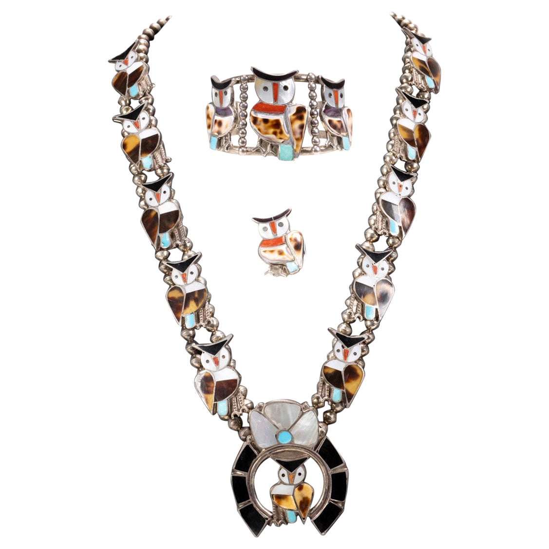 Zuni Multi-Stone Owl Inlay Necklace, Bracelet, and Ring Set For Sale