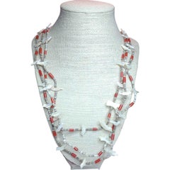 Zuni Multi-Strand Fetish Bird Necklace on Sterling Silver Wire, Coral & Shell