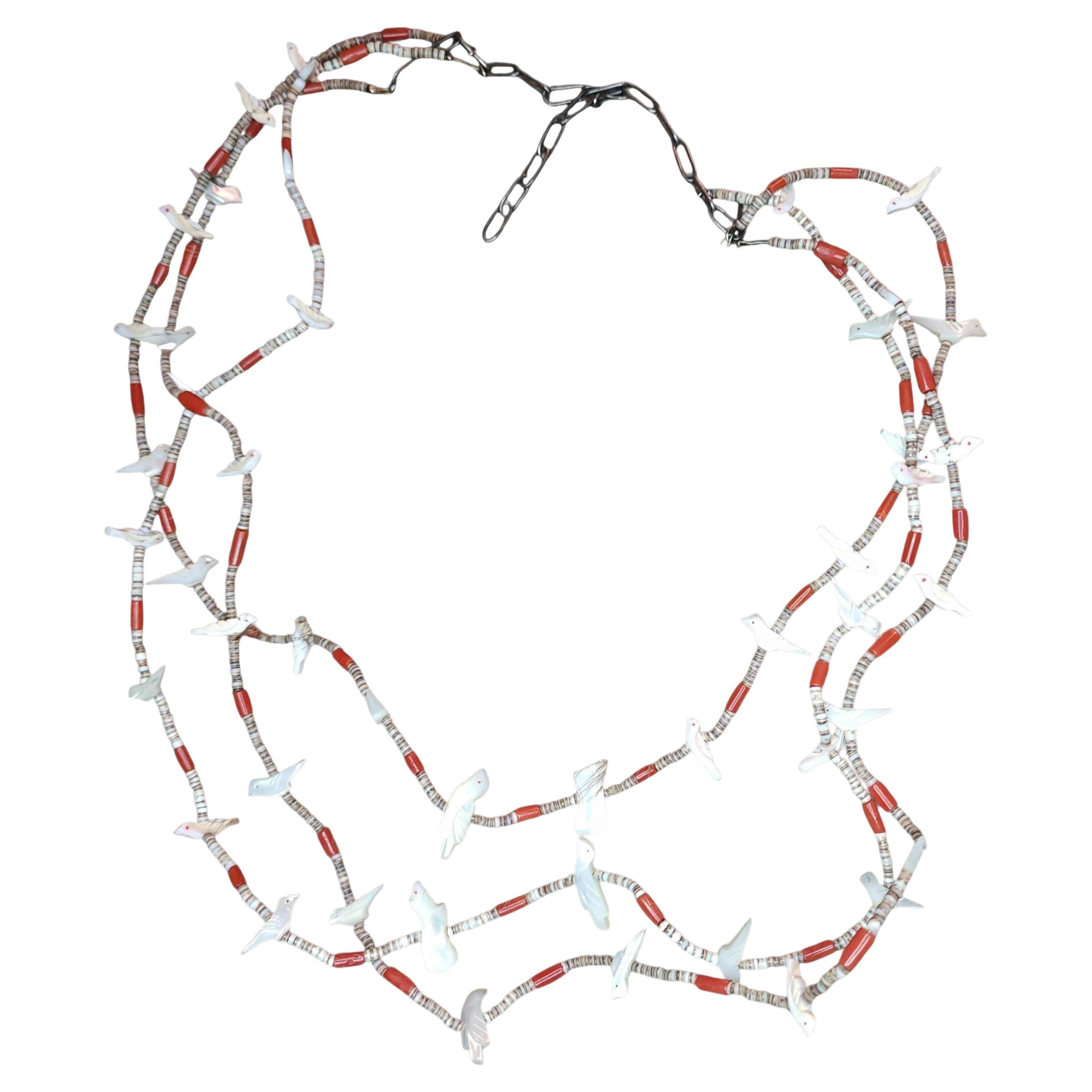 Zuni Multi-Strand Fetish Bird Necklace on Sterling Silver Wire, Coral 
Shell For Sale