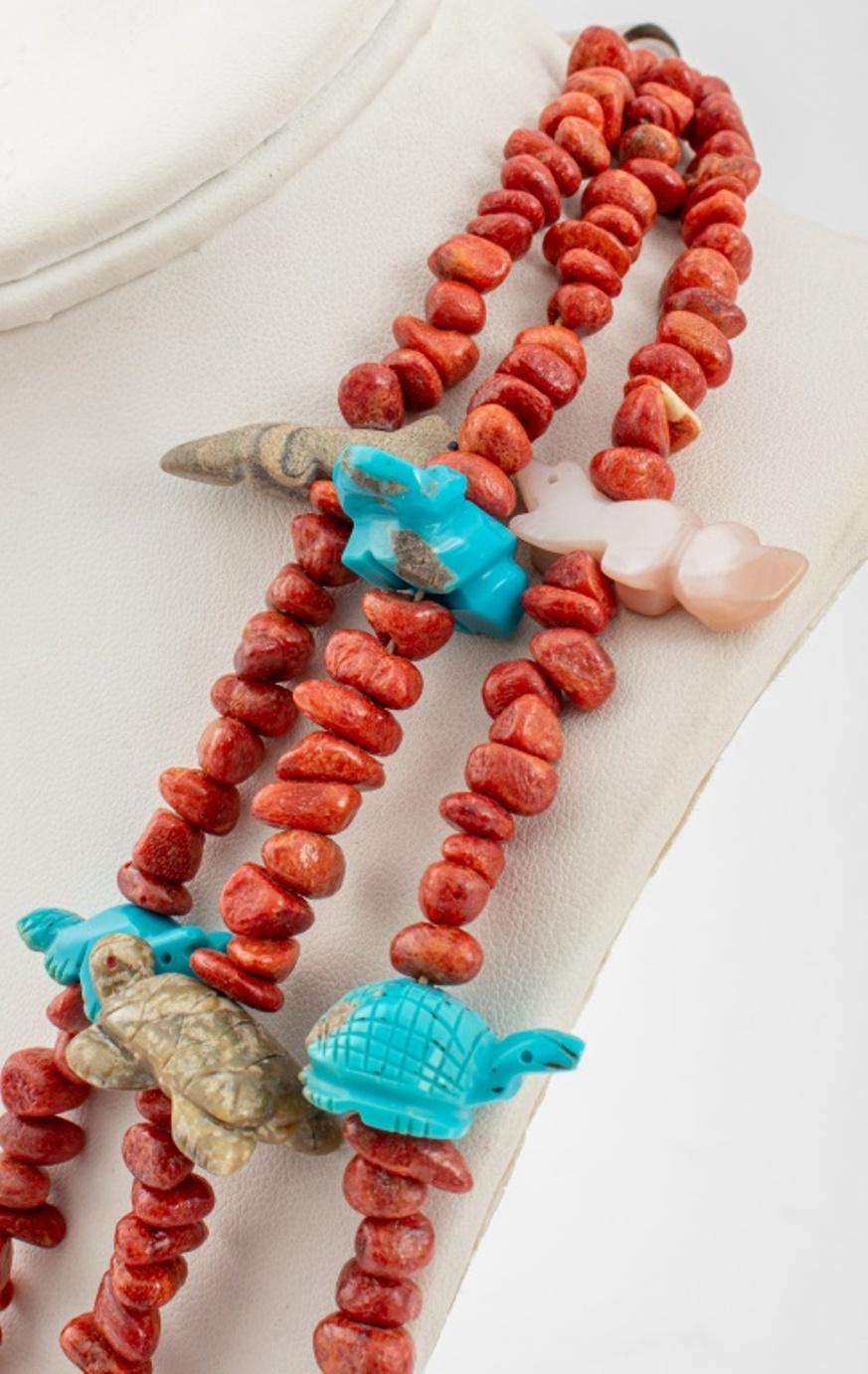 Zuni Native American multi-strand necklace with coral beads and hand-carved stone, including turquoise and agate, fetish animals, with sterling silver hook clasp closure struck 