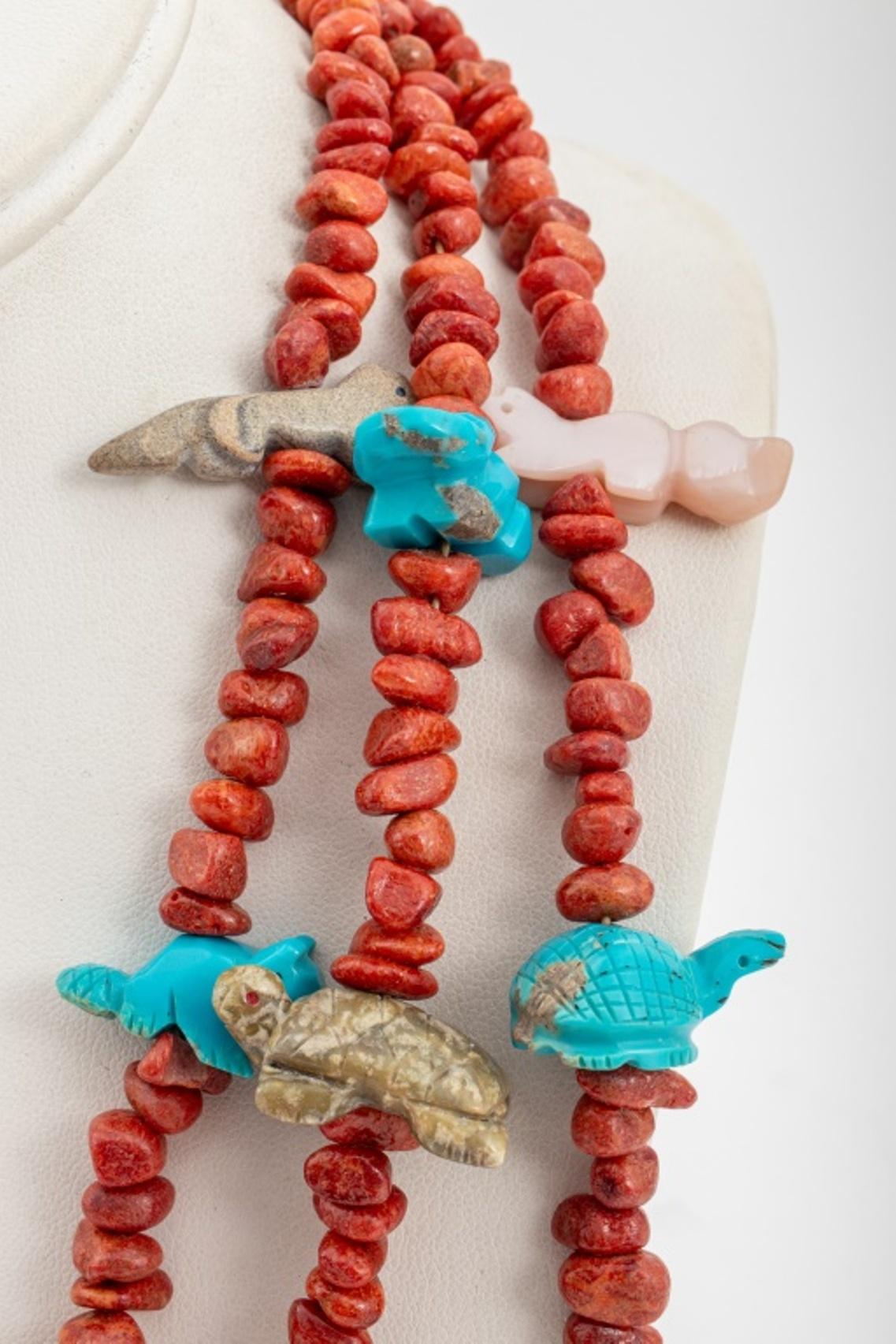 Sterling Silver Zuni Native American Coral Carved Fetish Necklace