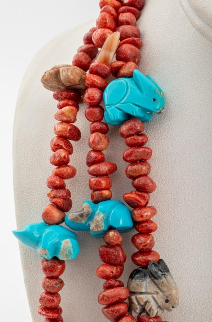 Zuni Native American Coral Carved Fetish Necklace 1