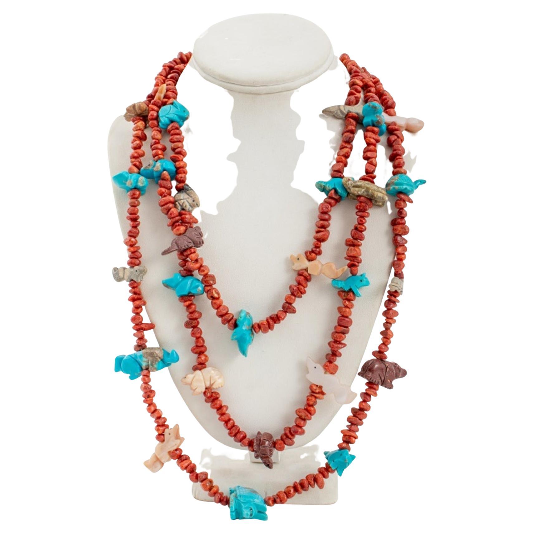 Zuni Native American Coral Carved Fetish Necklace
